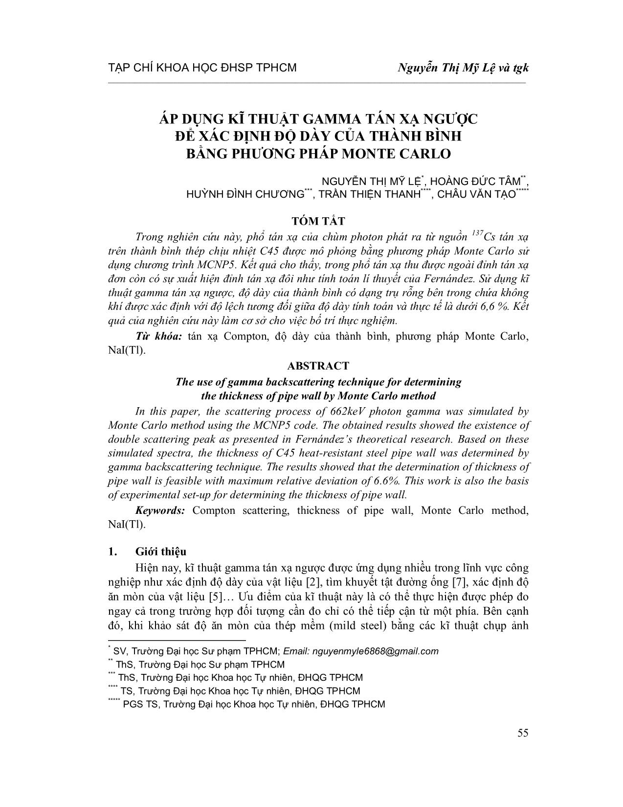Áp dụng kĩ thuật Gamma tán xạ ngược để xác định độ dày của thành bình bằng phương pháp Monte Carlo trang 1