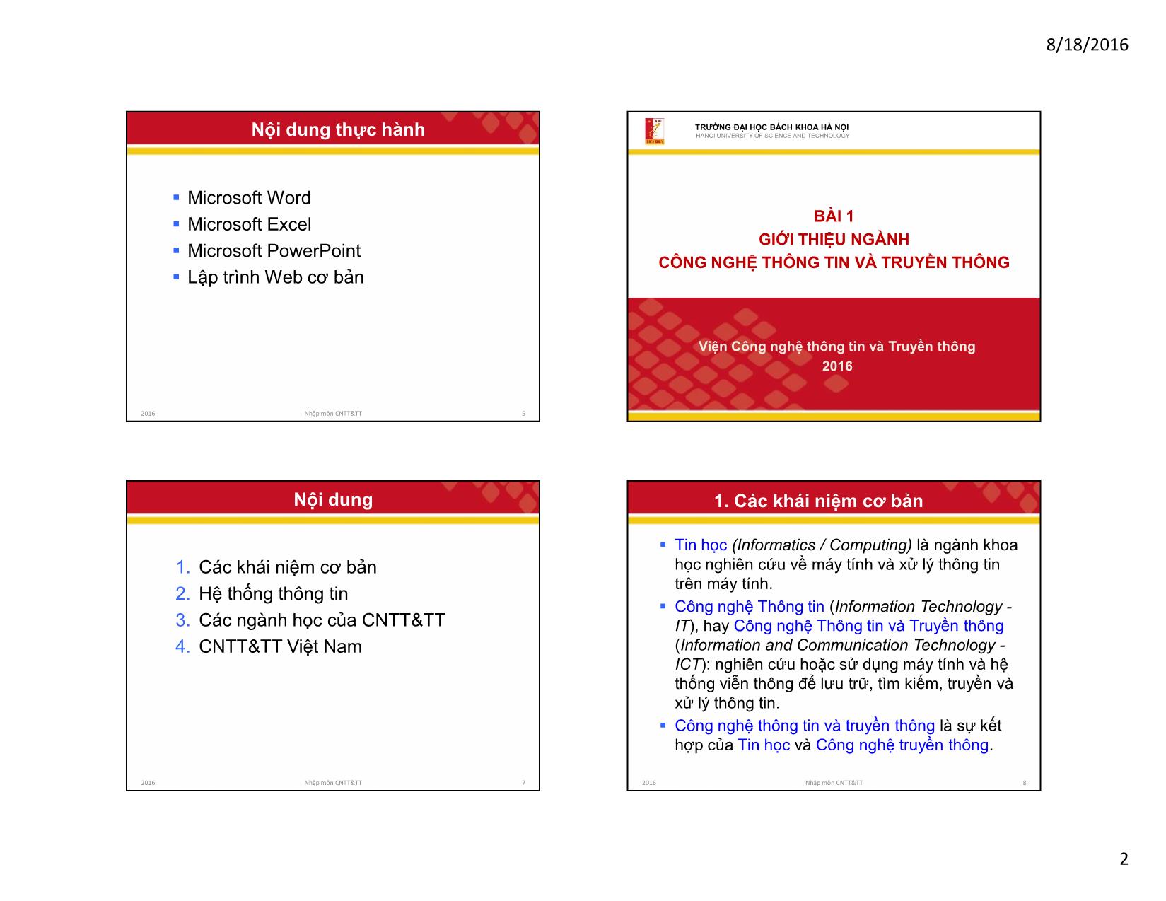 Bài giảng Công nghệ thông tin và truyền thông - Bài 1: Giới thiệu ngành công nghệ thông tin và truyền thông - Lê Thanh Hương trang 2