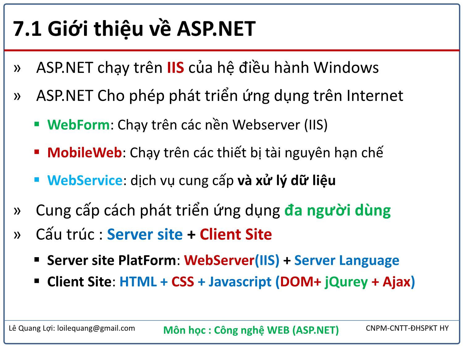 Bài giảng Công nghệ Web - Bài 7: Ứng dụng ASP.NET - Lê Quang Lợi trang 4