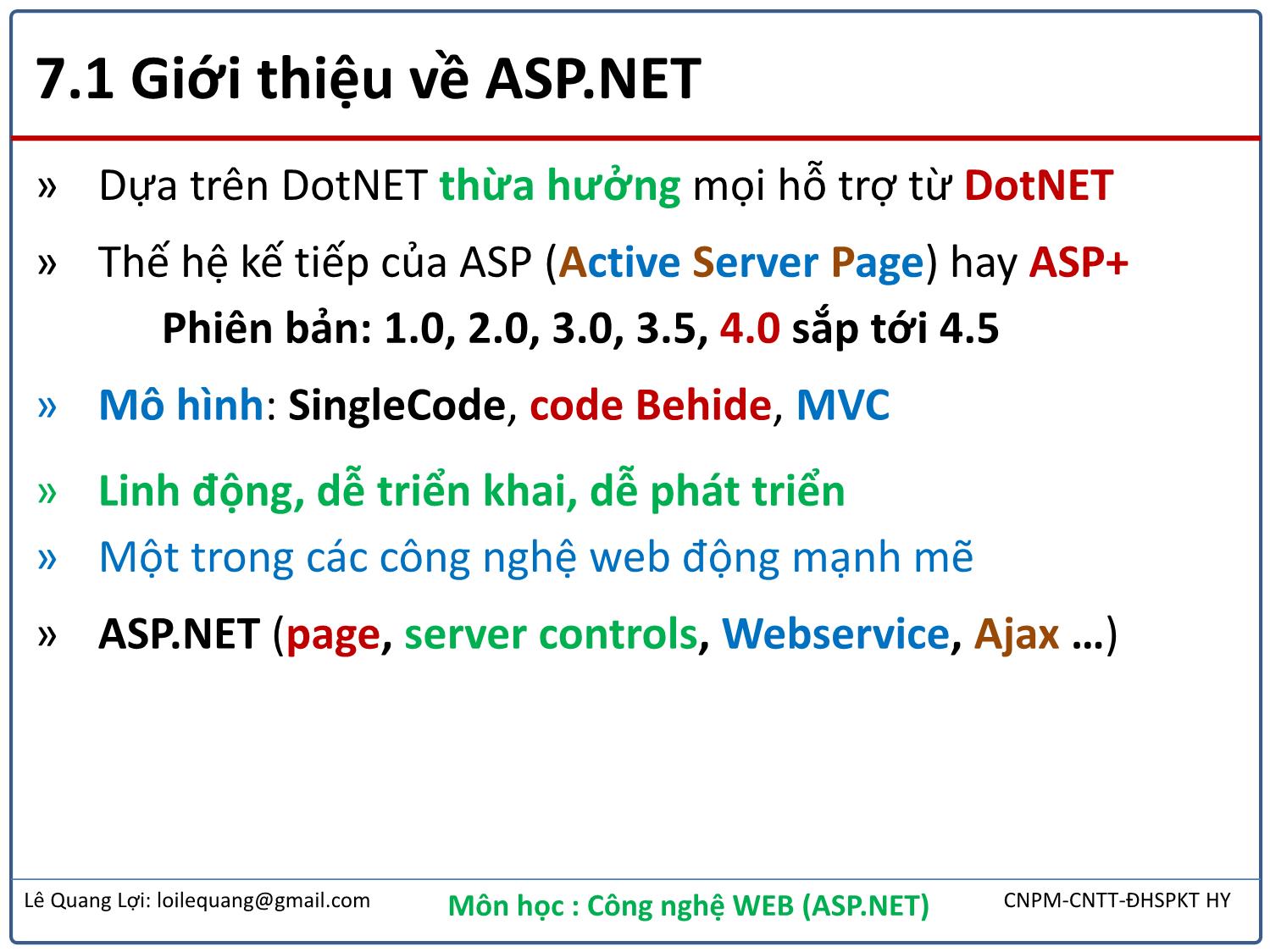 Bài giảng Công nghệ Web - Bài 7: Ứng dụng ASP.NET - Lê Quang Lợi trang 5