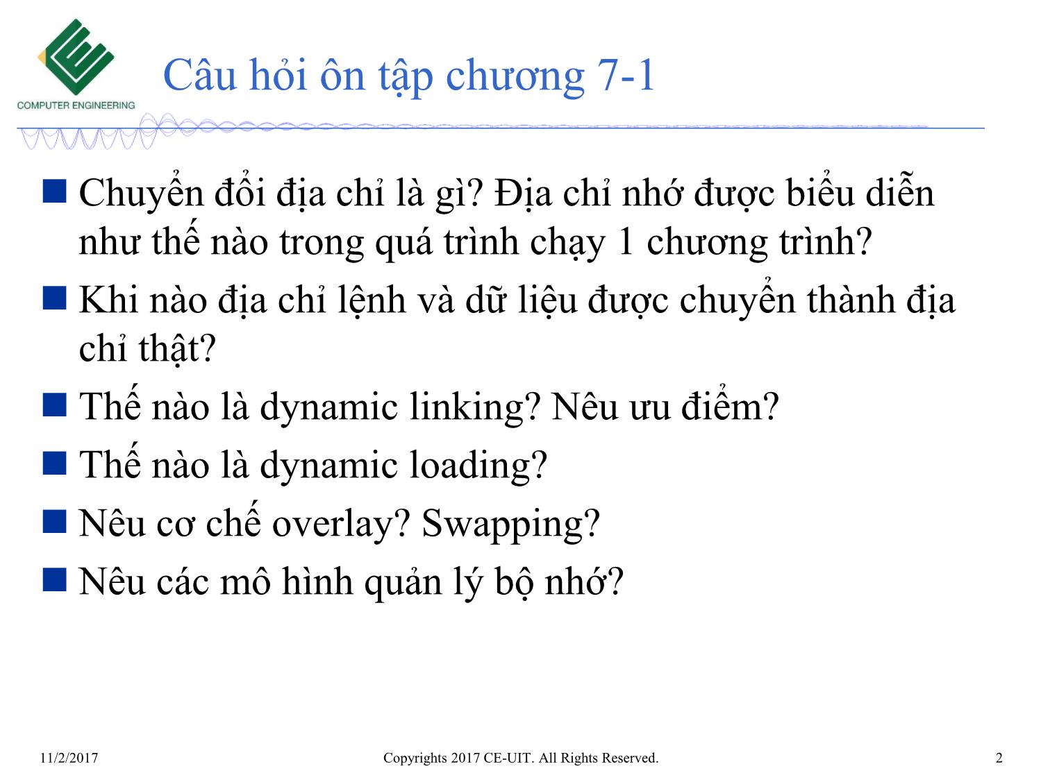 Bài giảng Hệ điều hành - Chương 7, Phần 2: Quản lý bộ nhớ - Phan Đình Duy trang 2