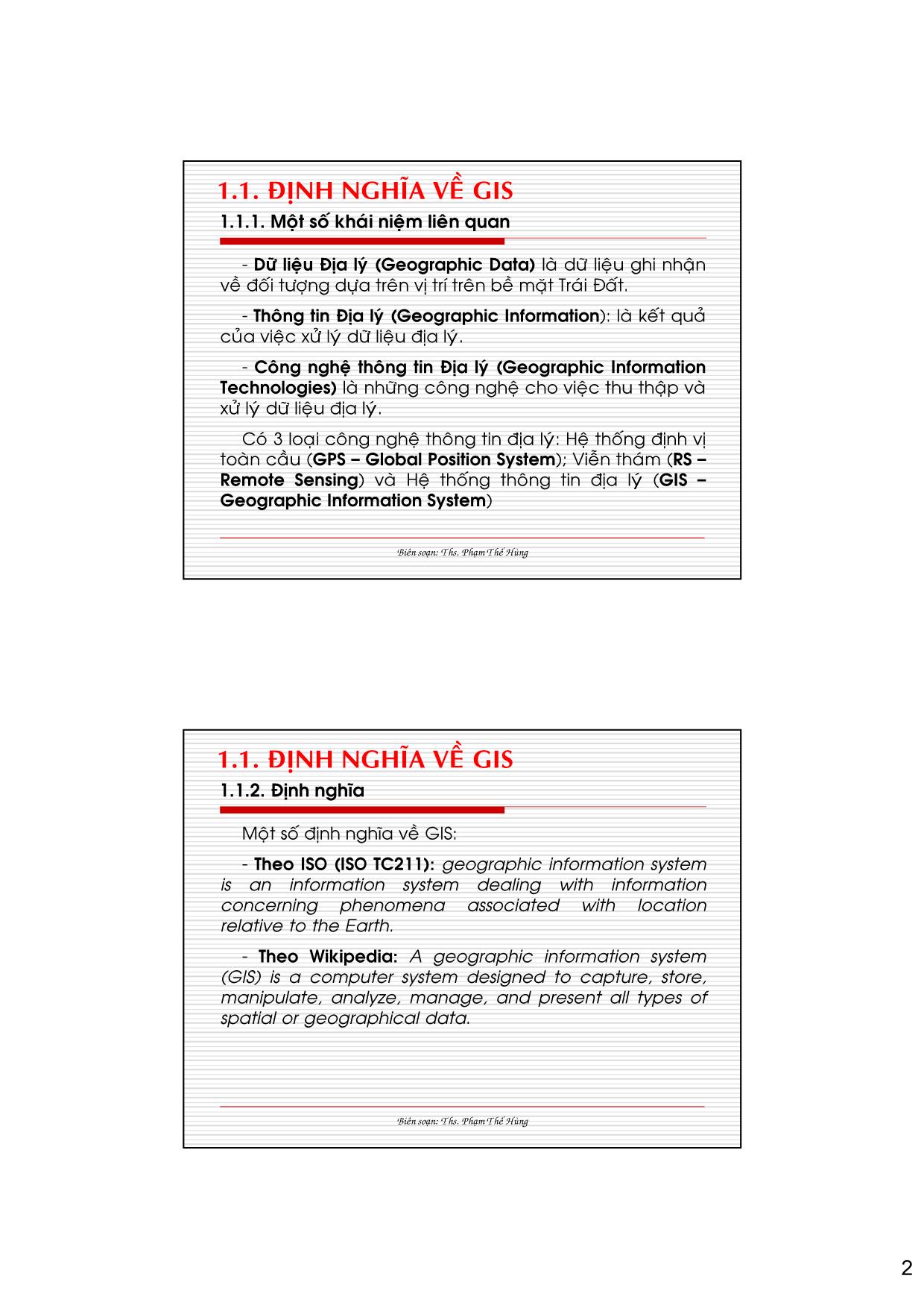 Bài giảng Hệ thống tin địa lý - Chương 1: Tổng quan về hệ thống tin địa lý trang 2