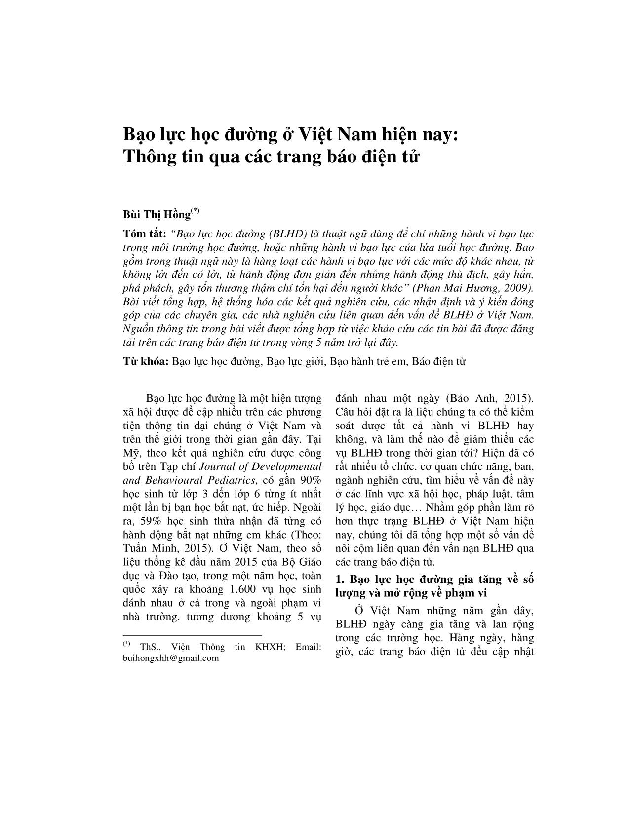 Bạo lực học đường ở Việt Nam hiện nay: Thông tin qua các trang báo điện tử trang 1