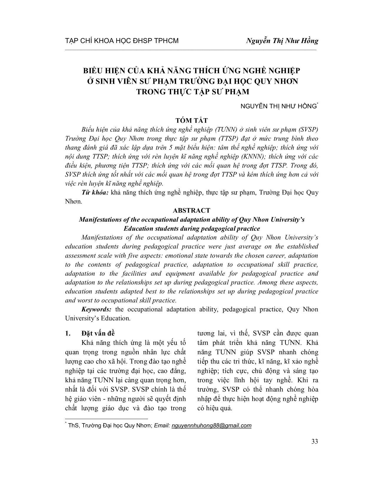 Biểu hiện của khả năng thích ứng nghề nghiệp ở sinh viên sư phạm trường Đại học Quy Nhơn trong thực tập sư phạm trang 1