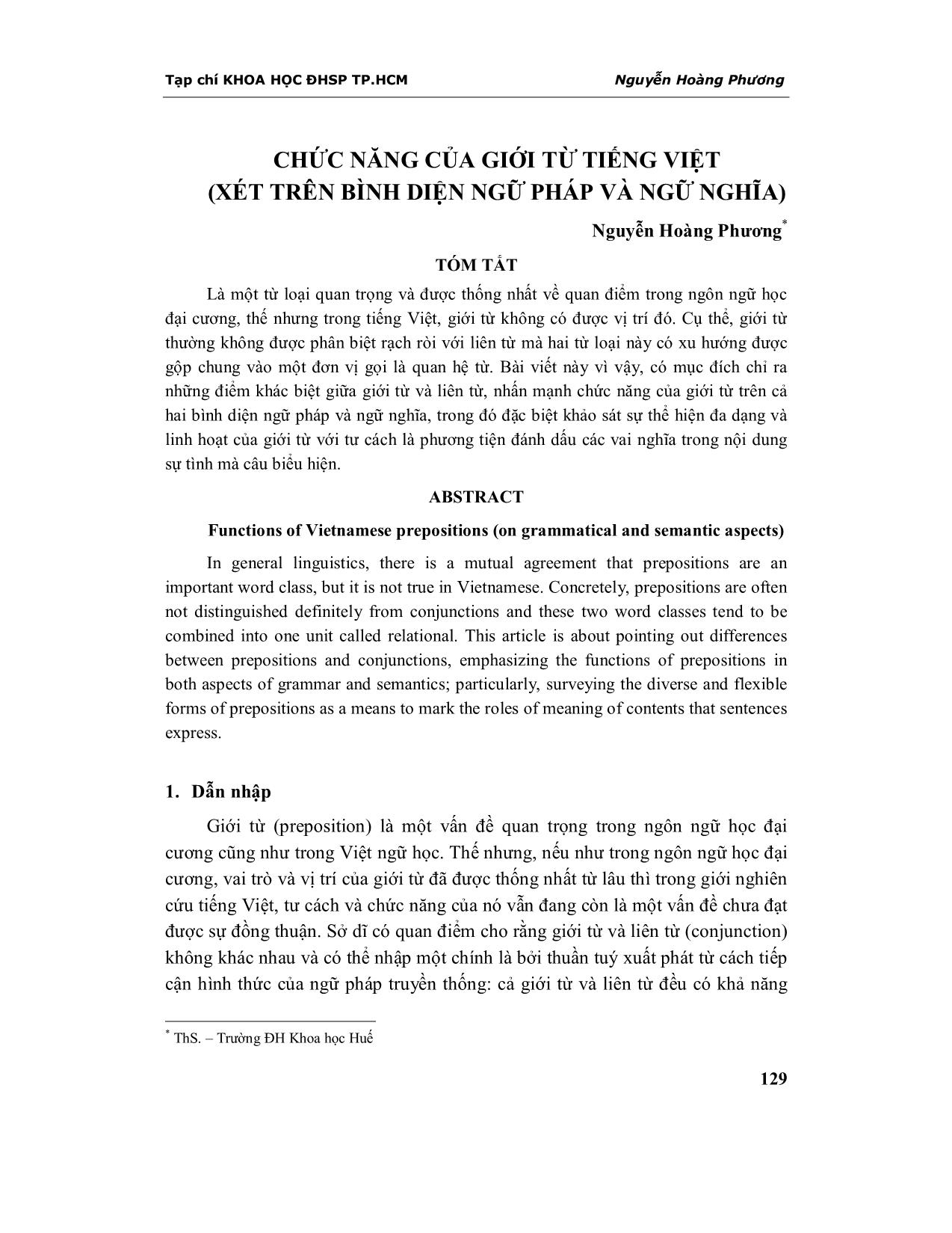 Chức năng của giới từ Tiếng Việt (xét trên bình diện ngữ pháp và ngữ nghĩa) trang 1