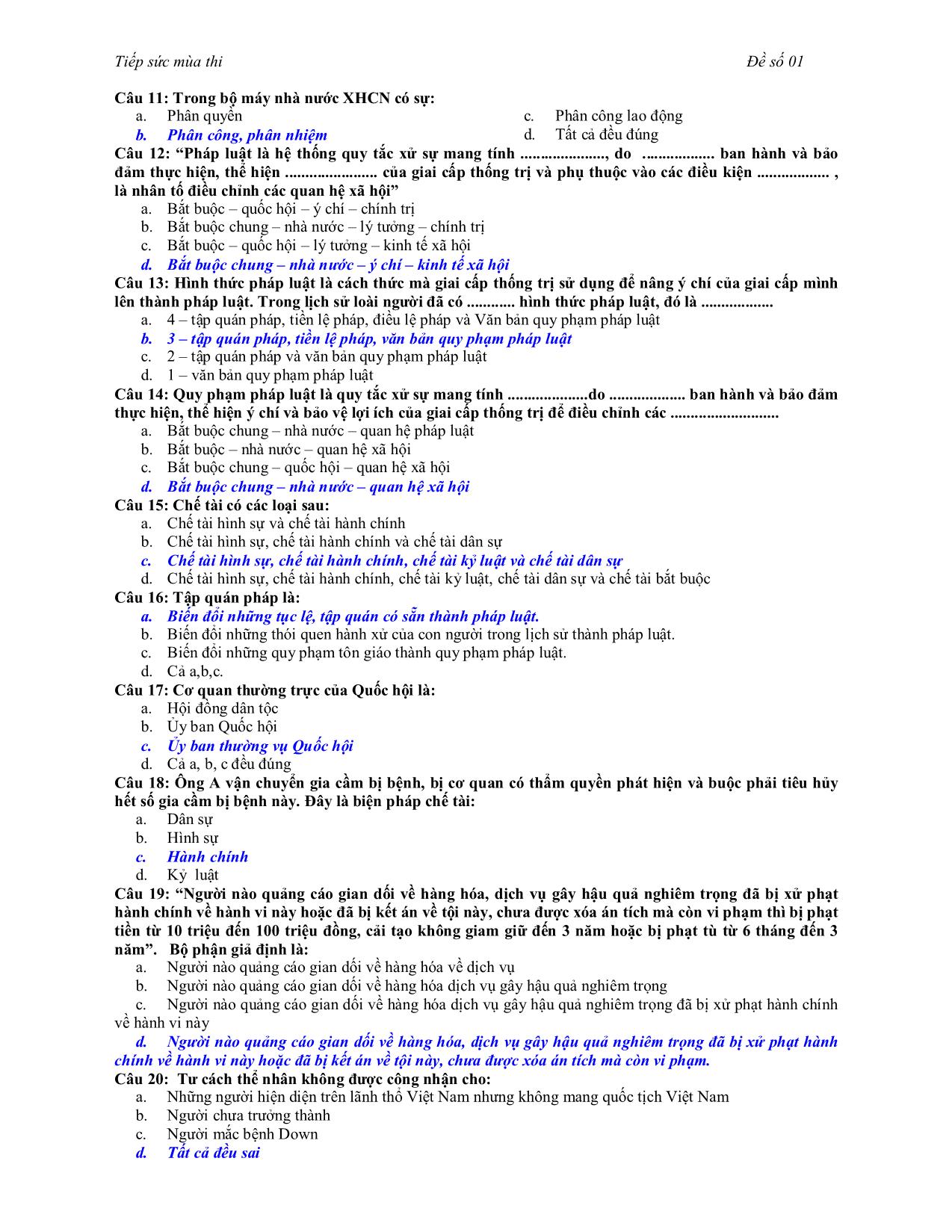 Đề kiểm tra Pháp luật đại cương - Đề số 1 trang 2