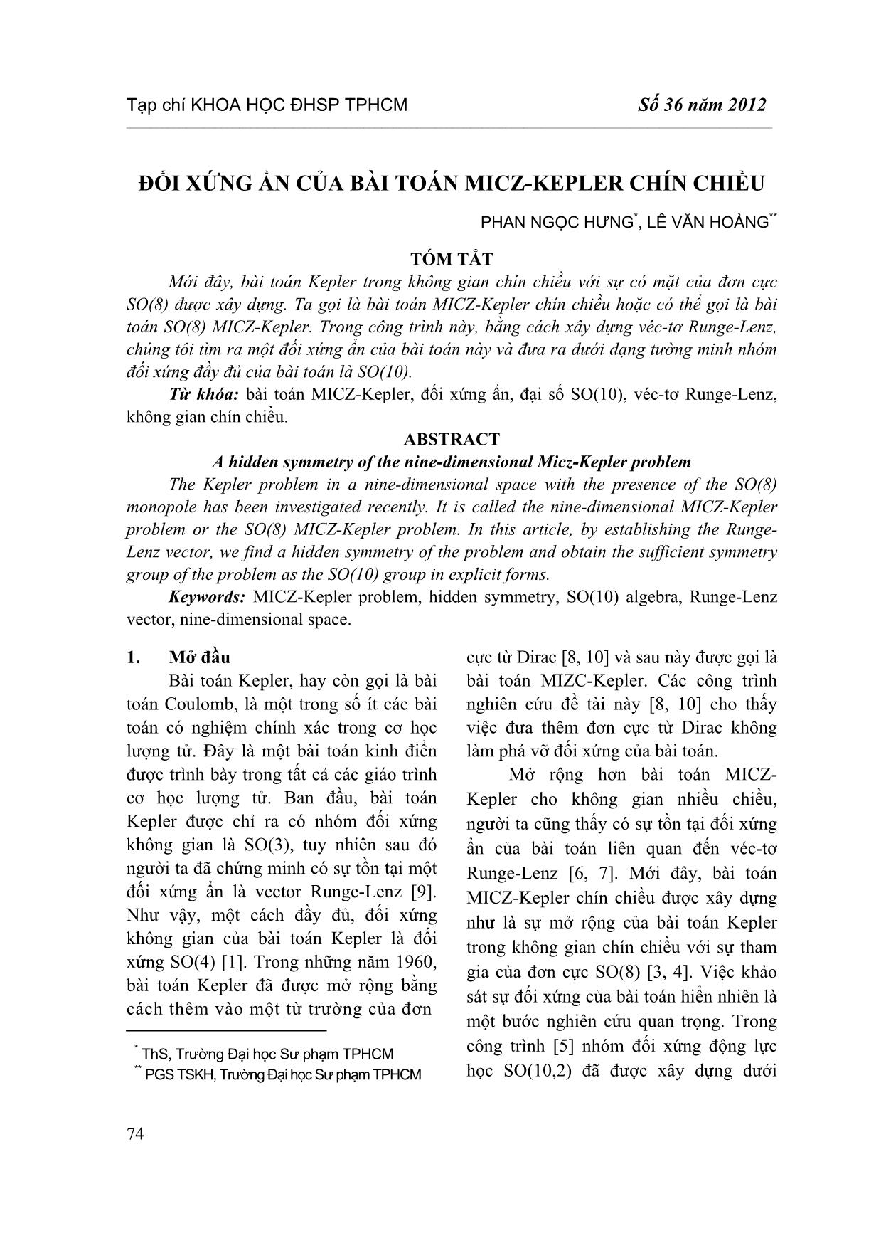 Đối xứng ẩn của bài toán Micz-Kepler chín chiều trang 1