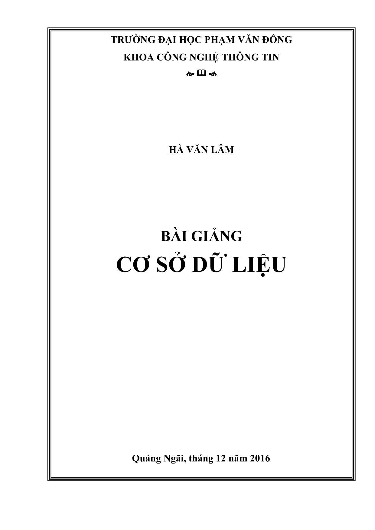 Giáo trình Cơ sở dữ liệu - Hà Văn Lâm trang 1