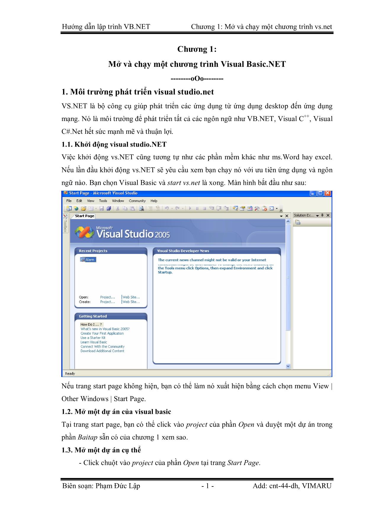 Giáo trình Hướng dẫn lập trình VB.NET - Chương 1: Mở và chạy một chương trình Visual Basic.NET - Phạm Đức Lập trang 1