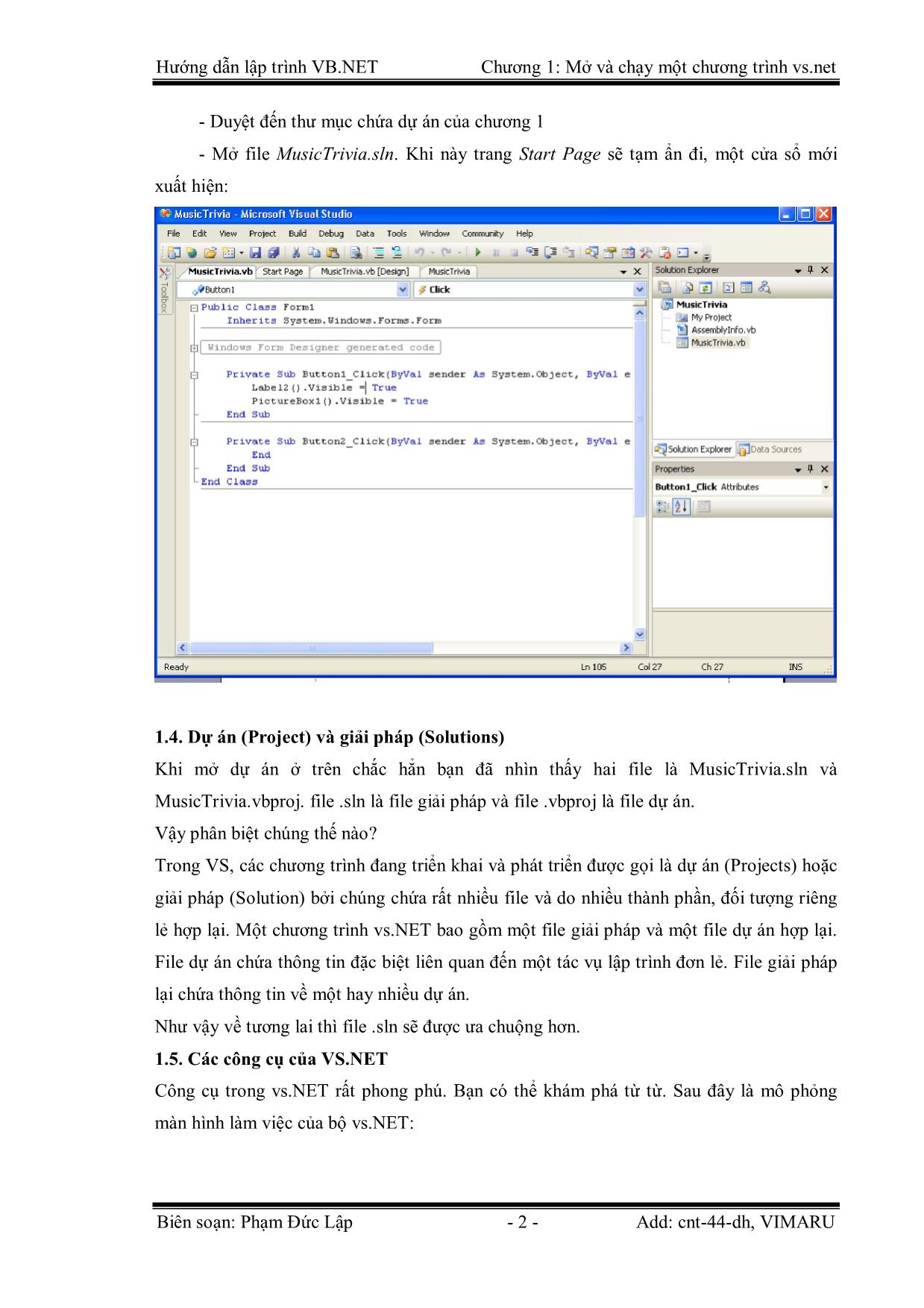 Giáo trình Hướng dẫn lập trình VB.NET - Chương 1: Mở và chạy một chương trình Visual Basic.NET - Phạm Đức Lập trang 2