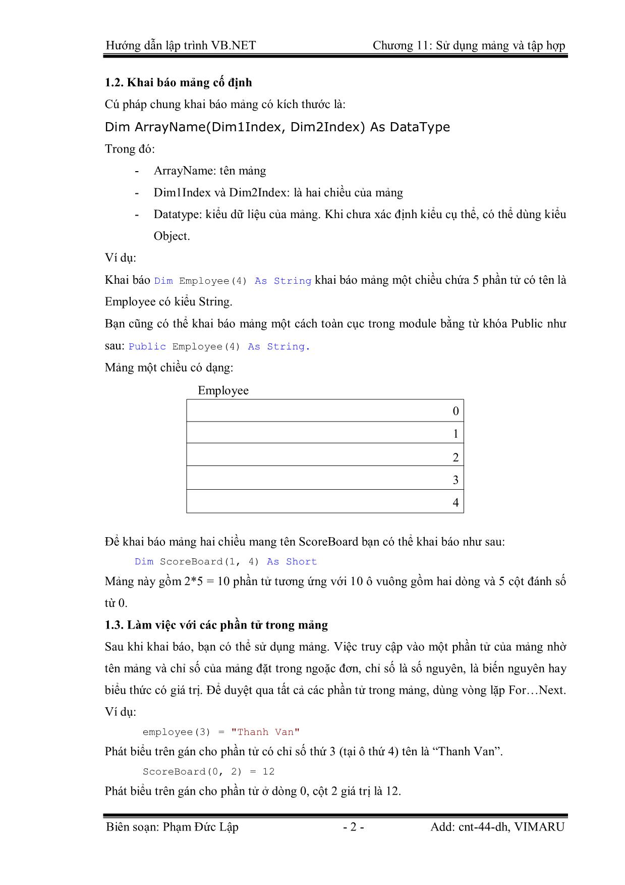 Giáo trình Hướng dẫn lập trình VB.NET - Chương 11: Sử dụng mảng và tập hợp - Phạm Đức Lập trang 2