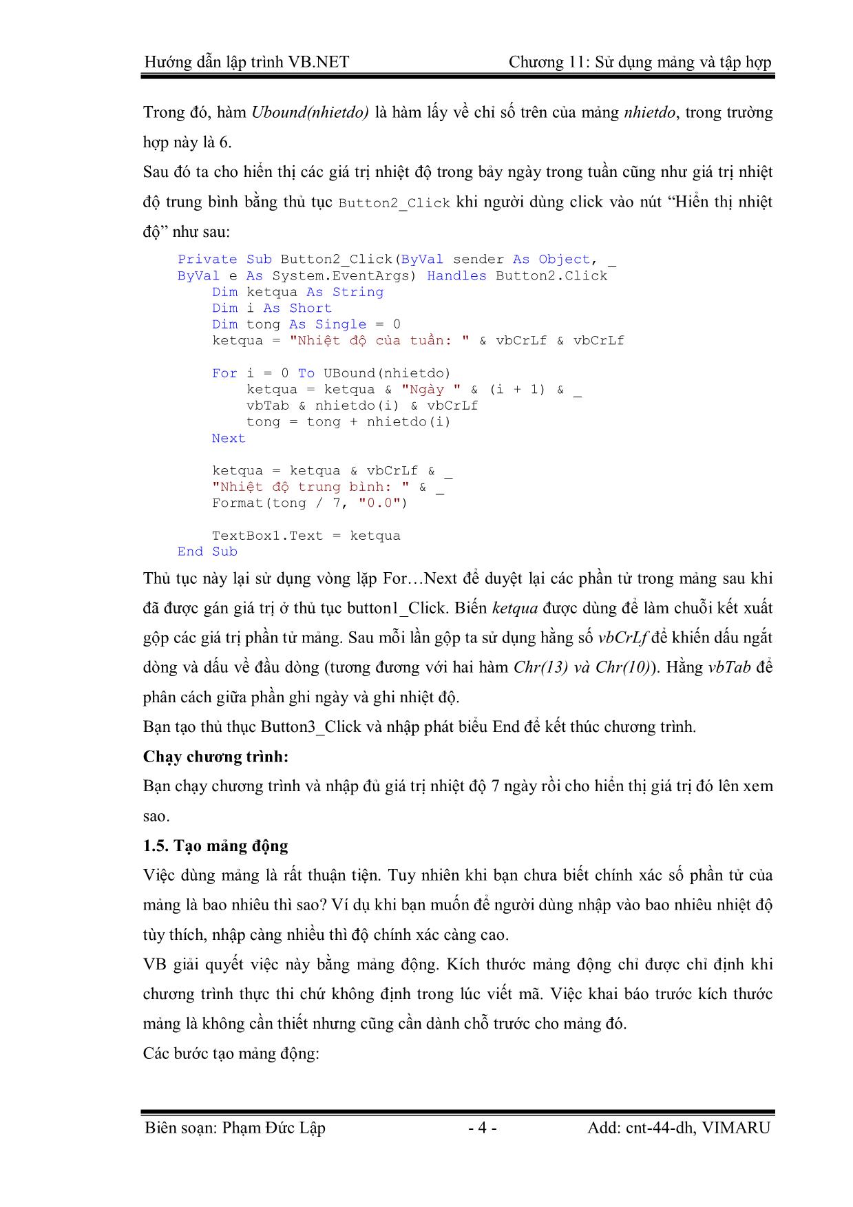 Giáo trình Hướng dẫn lập trình VB.NET - Chương 11: Sử dụng mảng và tập hợp - Phạm Đức Lập trang 4