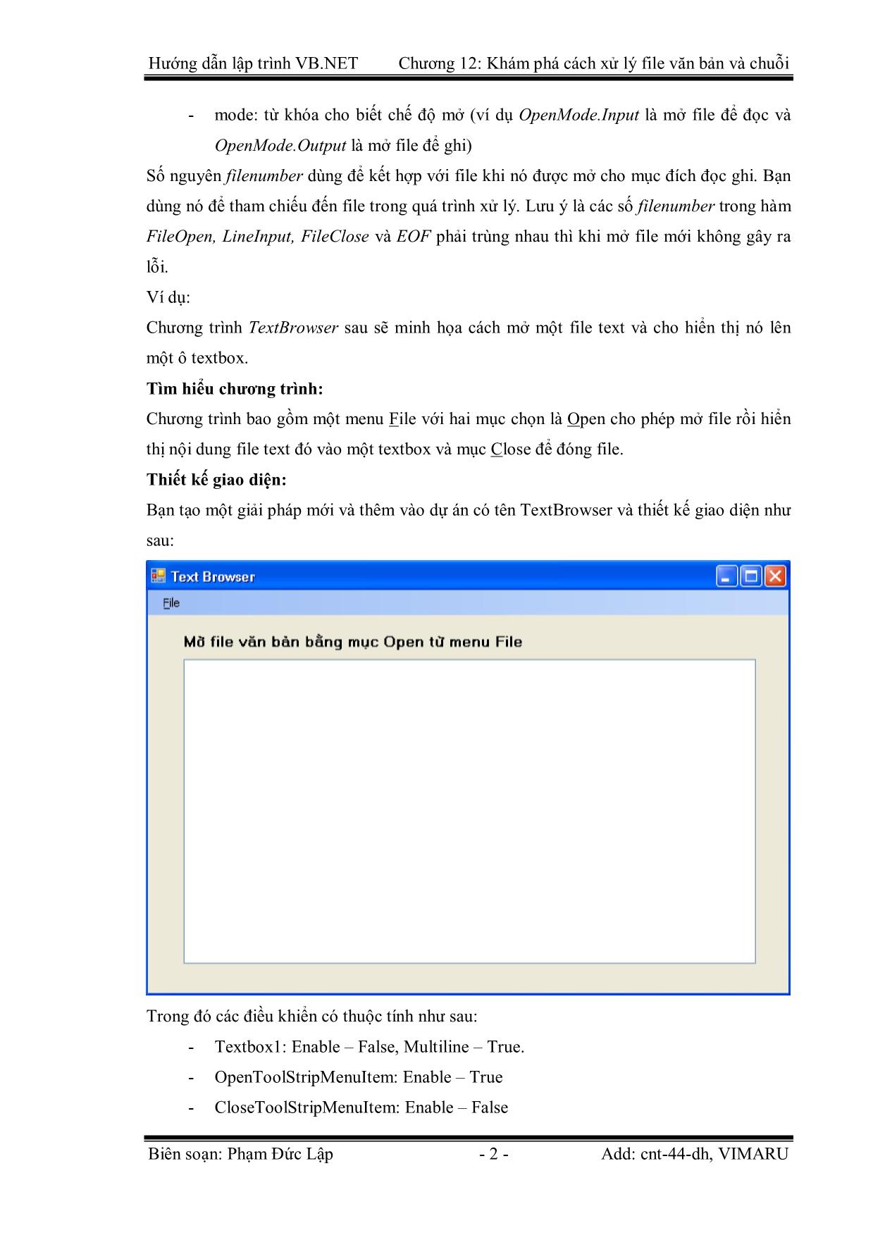 Giáo trình Hướng dẫn lập trình VB.NET - Chương 12: Khám phá cách xử lý File Text và chuỗi - Phạm Đức Lập trang 2