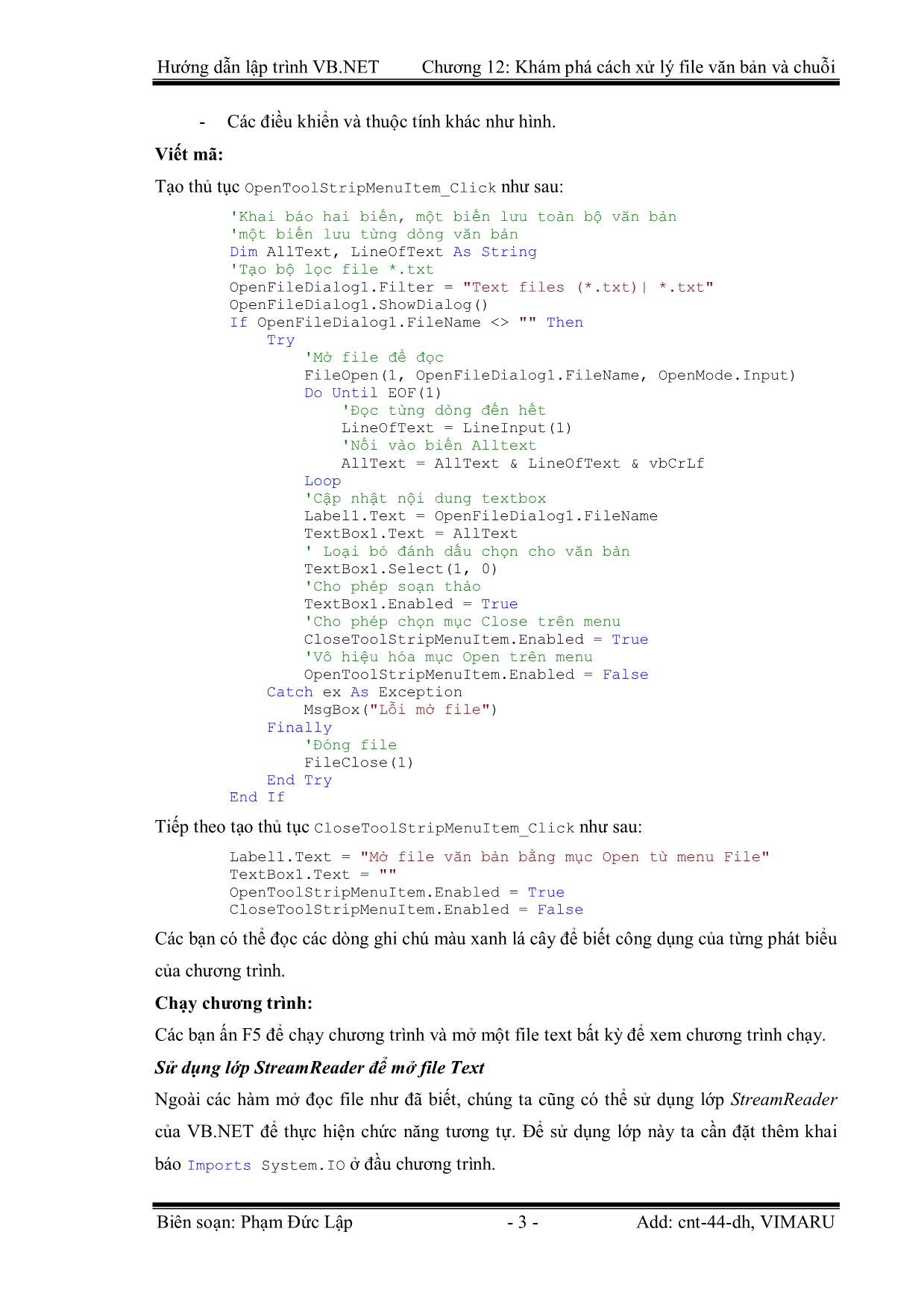 Giáo trình Hướng dẫn lập trình VB.NET - Chương 12: Khám phá cách xử lý File Text và chuỗi - Phạm Đức Lập trang 3