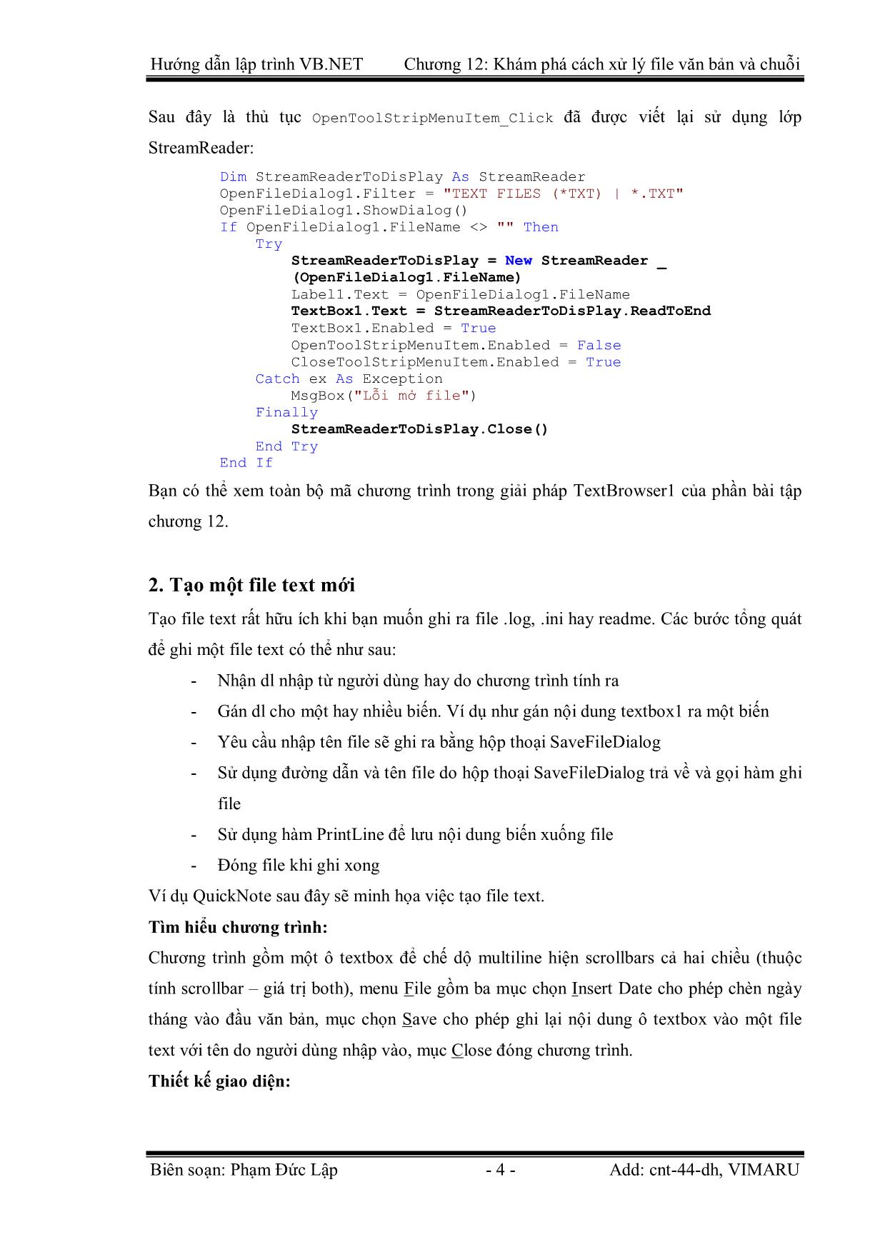 Giáo trình Hướng dẫn lập trình VB.NET - Chương 12: Khám phá cách xử lý File Text và chuỗi - Phạm Đức Lập trang 4