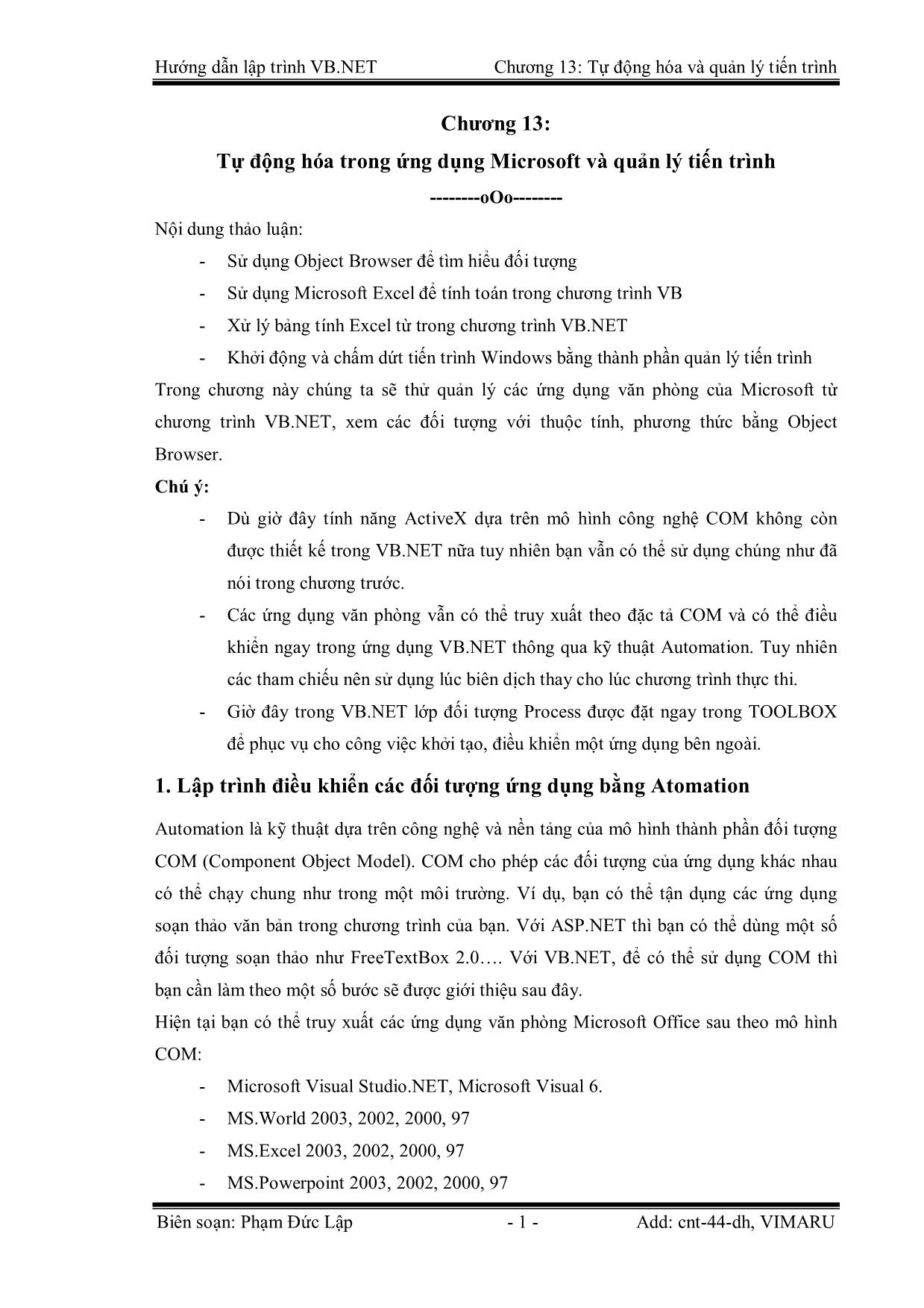 Giáo trình Hướng dẫn lập trình VB.NET - Chương 13: Tự động hóa trong ứng dụng Microsoft và quản lý tiến trình - Phạm Đức Lập trang 1