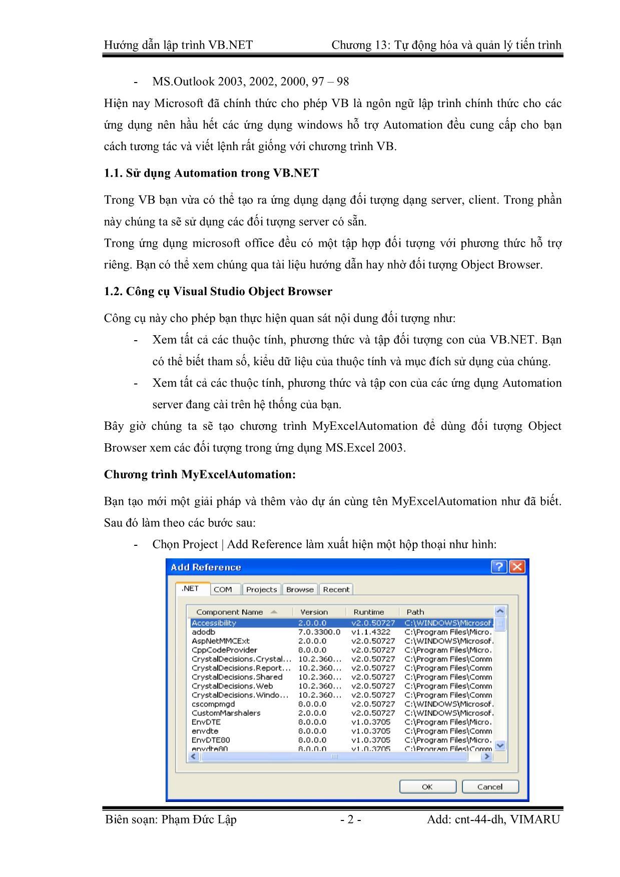 Giáo trình Hướng dẫn lập trình VB.NET - Chương 13: Tự động hóa trong ứng dụng Microsoft và quản lý tiến trình - Phạm Đức Lập trang 2