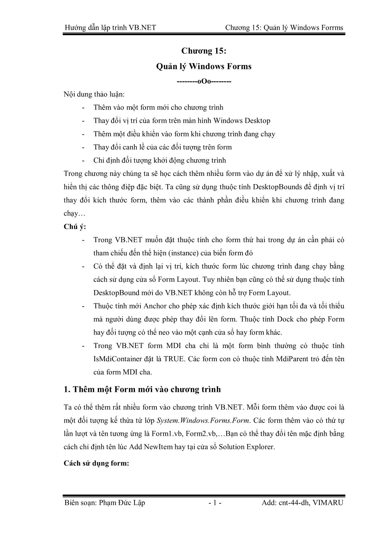 Giáo trình Hướng dẫn lập trình VB.NET - Chương 15: Quản lý Windows Forms - Phạm Đức Lập trang 1