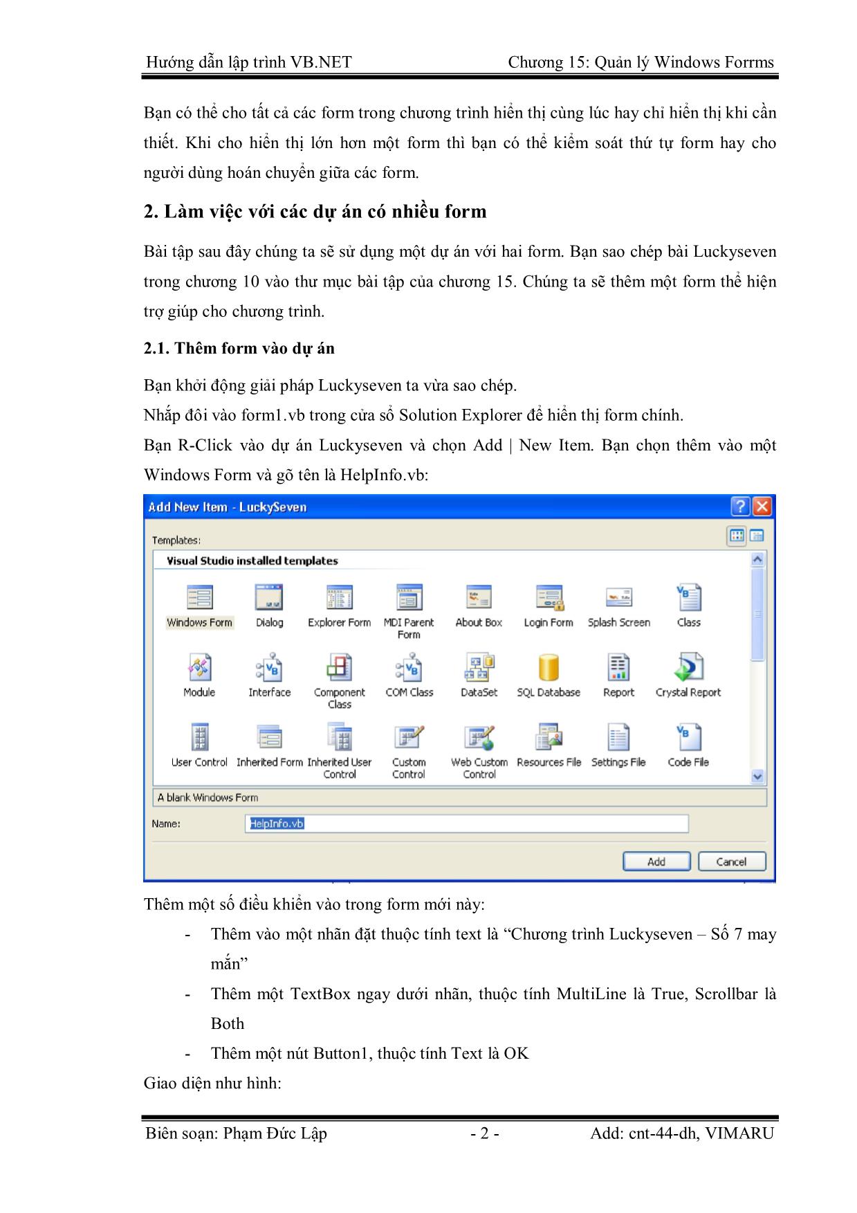 Giáo trình Hướng dẫn lập trình VB.NET - Chương 15: Quản lý Windows Forms - Phạm Đức Lập trang 2
