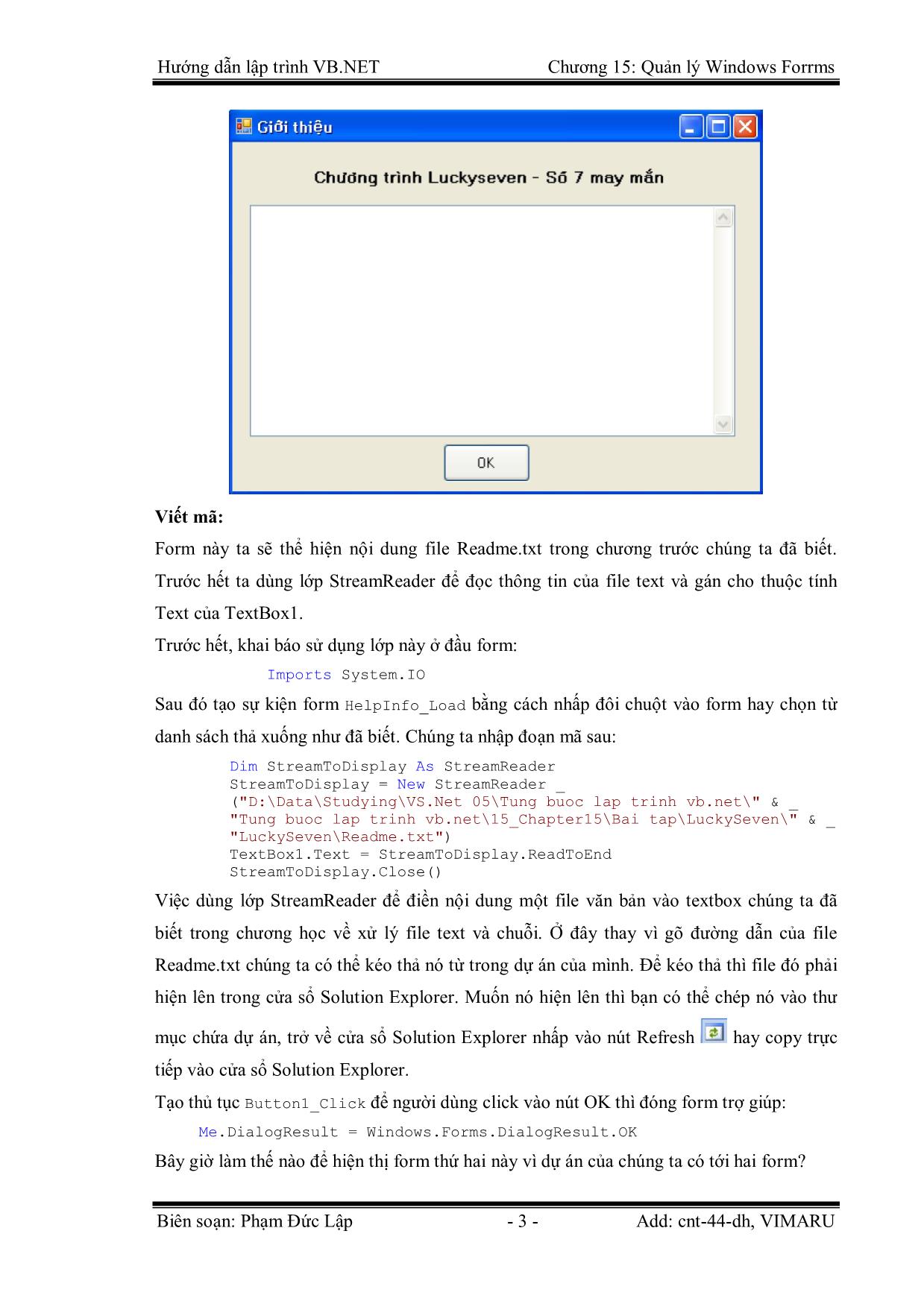 Giáo trình Hướng dẫn lập trình VB.NET - Chương 15: Quản lý Windows Forms - Phạm Đức Lập trang 3