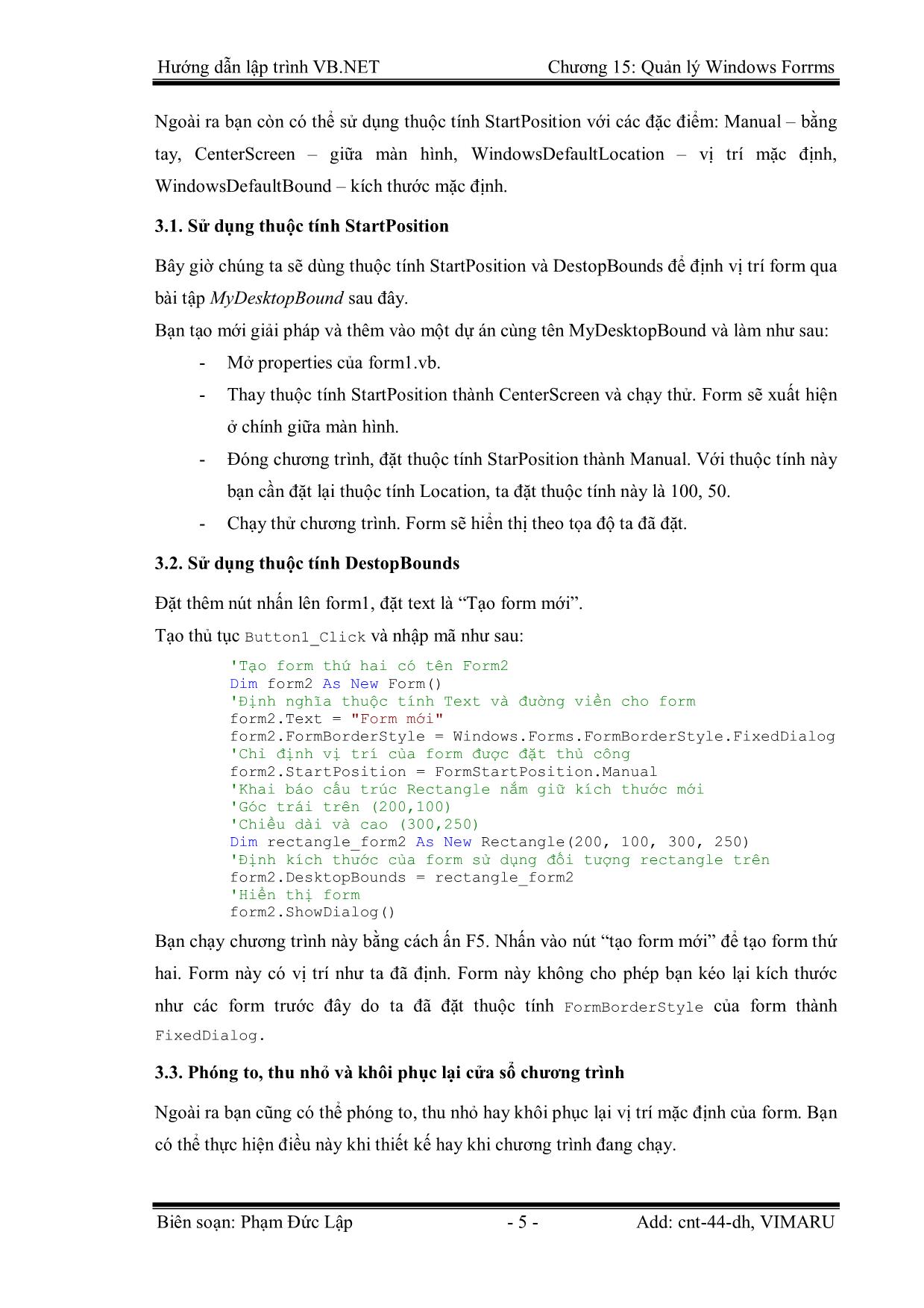 Giáo trình Hướng dẫn lập trình VB.NET - Chương 15: Quản lý Windows Forms - Phạm Đức Lập trang 5