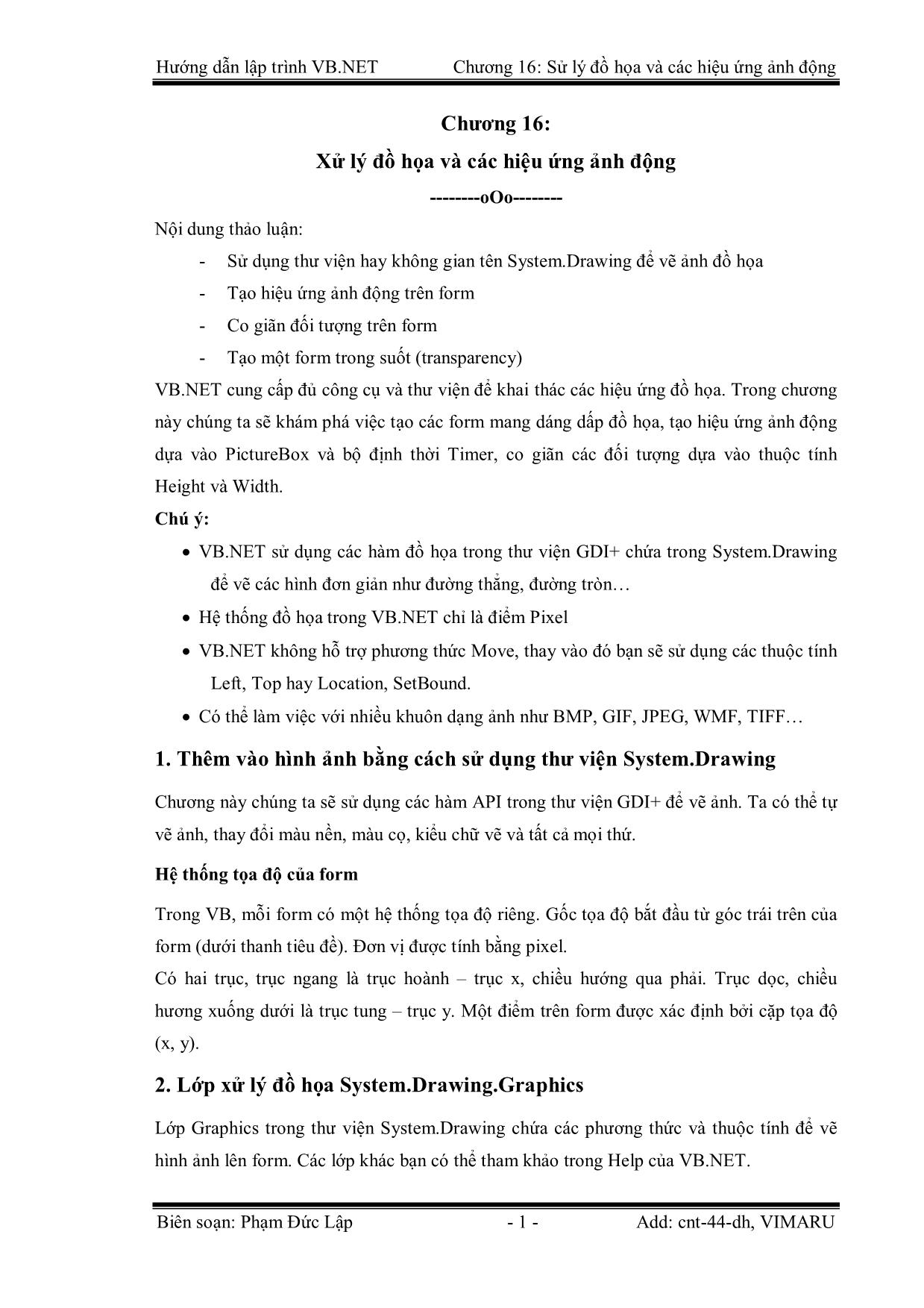 Giáo trình Hướng dẫn lập trình VB.NET - Chương 16: Xử lý đồ họa và các hiệu ứng ảnh động - Phạm Đức Lập trang 1
