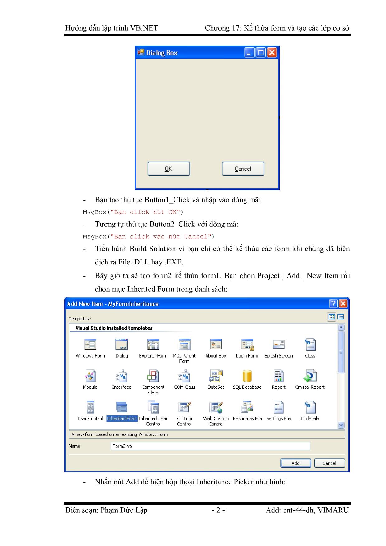 Giáo trình Hướng dẫn lập trình VB.NET - Chương 17: Kế thừa Form và tạo các lớp cơ sở - Phạm Đức Lập trang 2