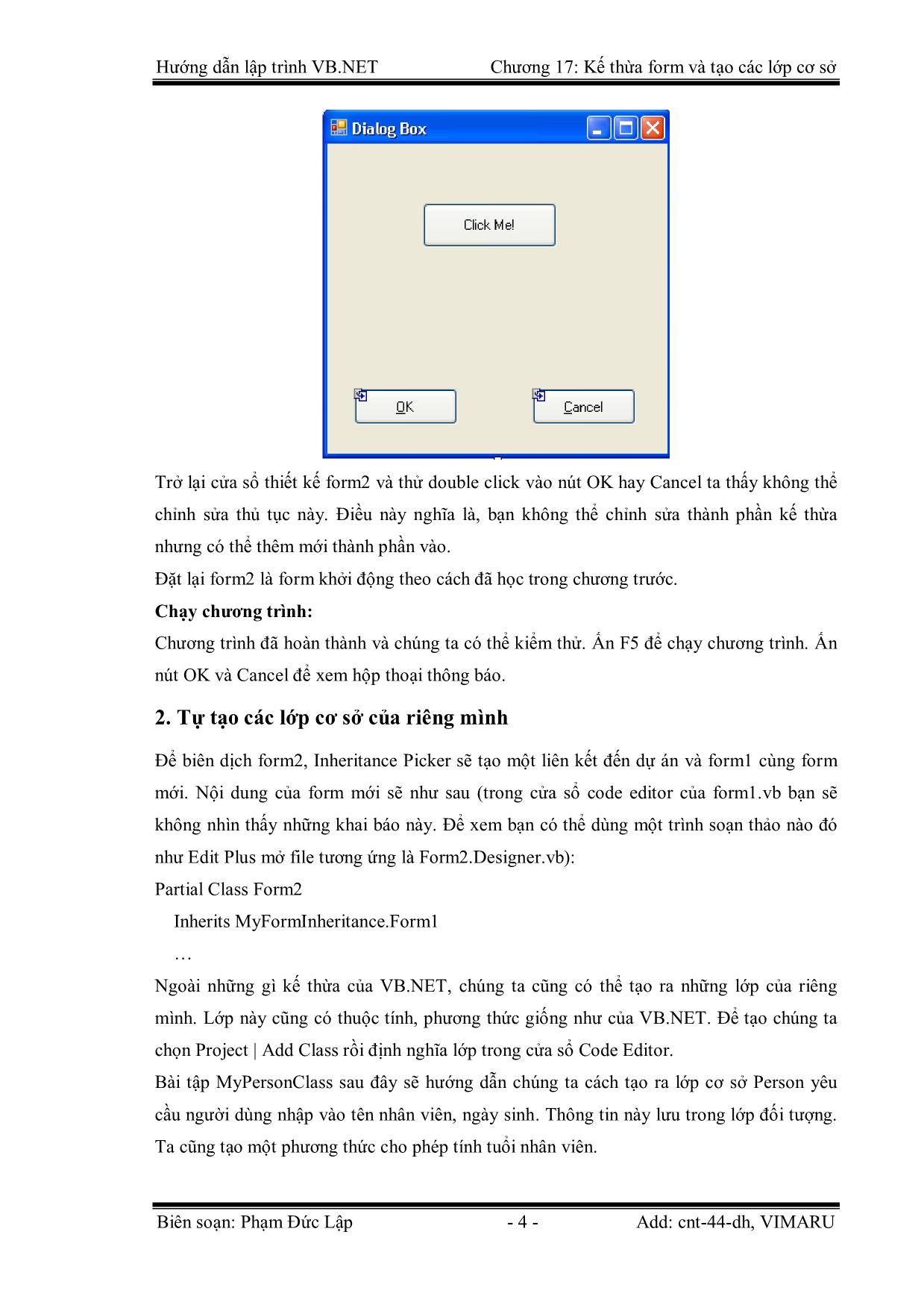 Giáo trình Hướng dẫn lập trình VB.NET - Chương 17: Kế thừa Form và tạo các lớp cơ sở - Phạm Đức Lập trang 4
