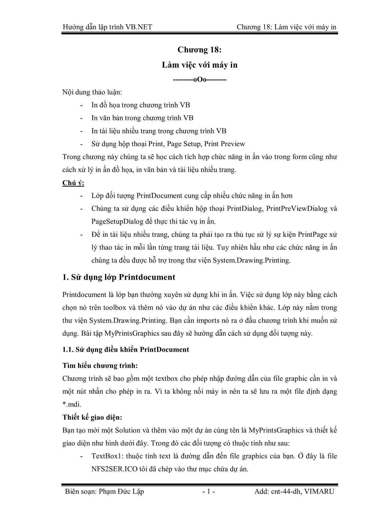 Giáo trình Hướng dẫn lập trình VB.NET - Chương 18: Làm việc với máy in - Phạm Đức Lập trang 1