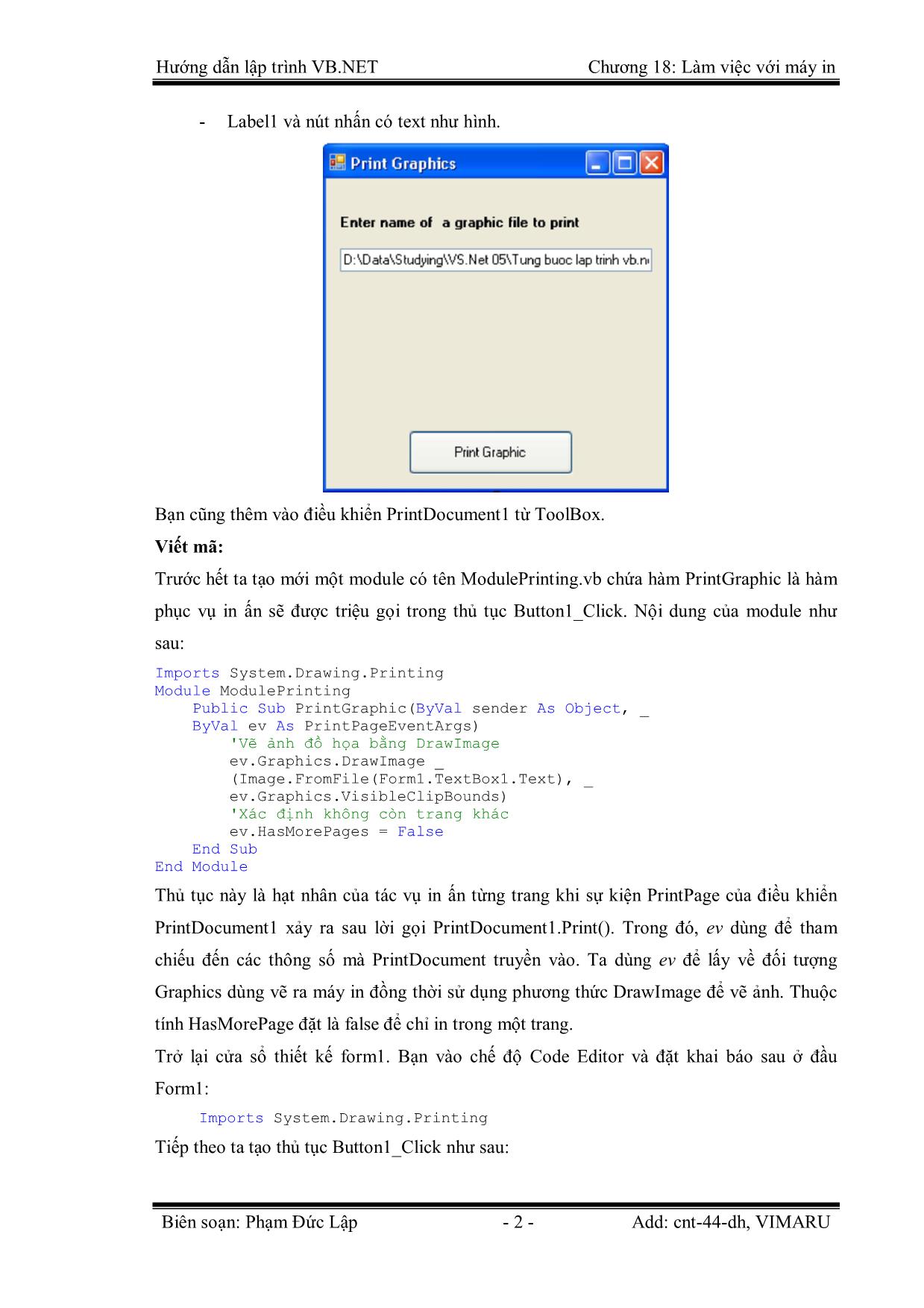 Giáo trình Hướng dẫn lập trình VB.NET - Chương 18: Làm việc với máy in - Phạm Đức Lập trang 2