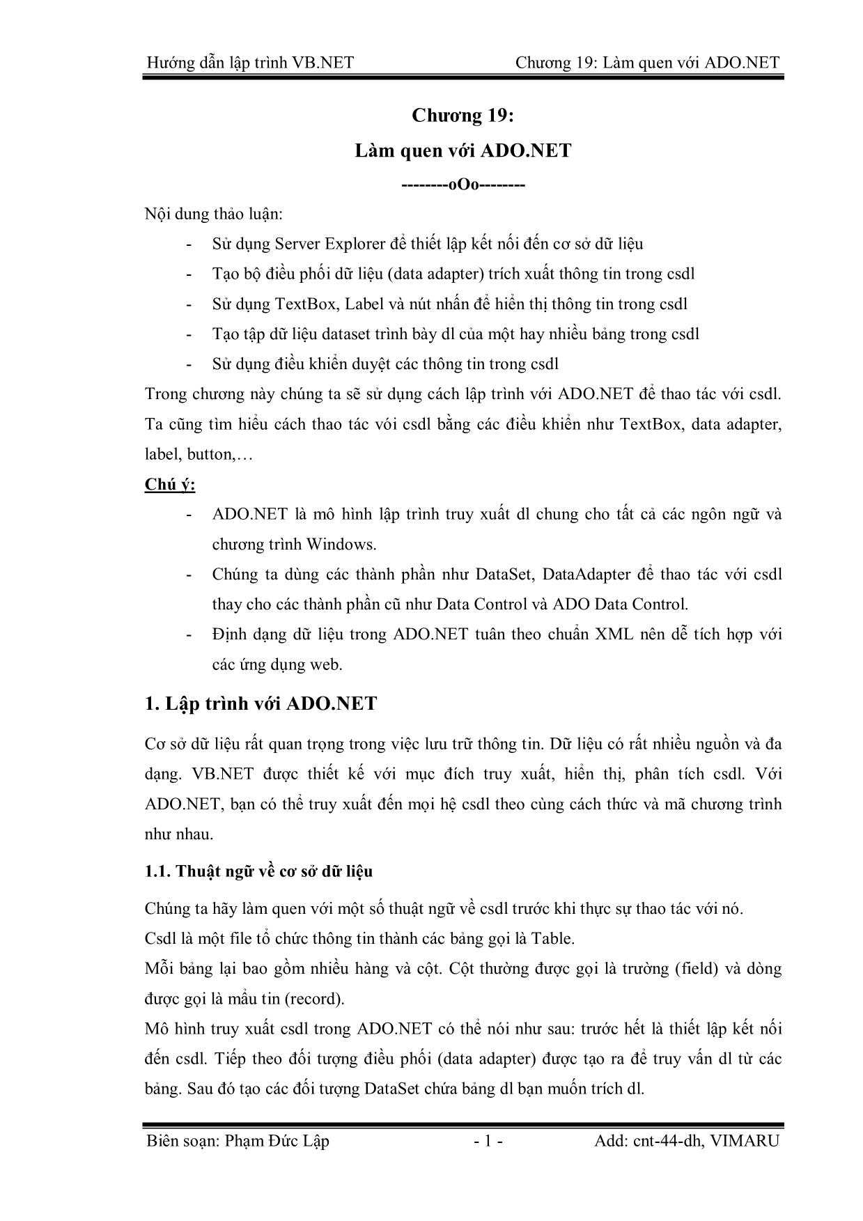 Giáo trình Hướng dẫn lập trình VB.NET - Chương 19: Làm quen với Ado.Net - Phạm Đức Lập trang 1