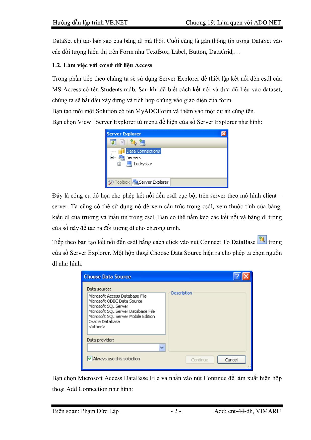 Giáo trình Hướng dẫn lập trình VB.NET - Chương 19: Làm quen với Ado.Net - Phạm Đức Lập trang 2