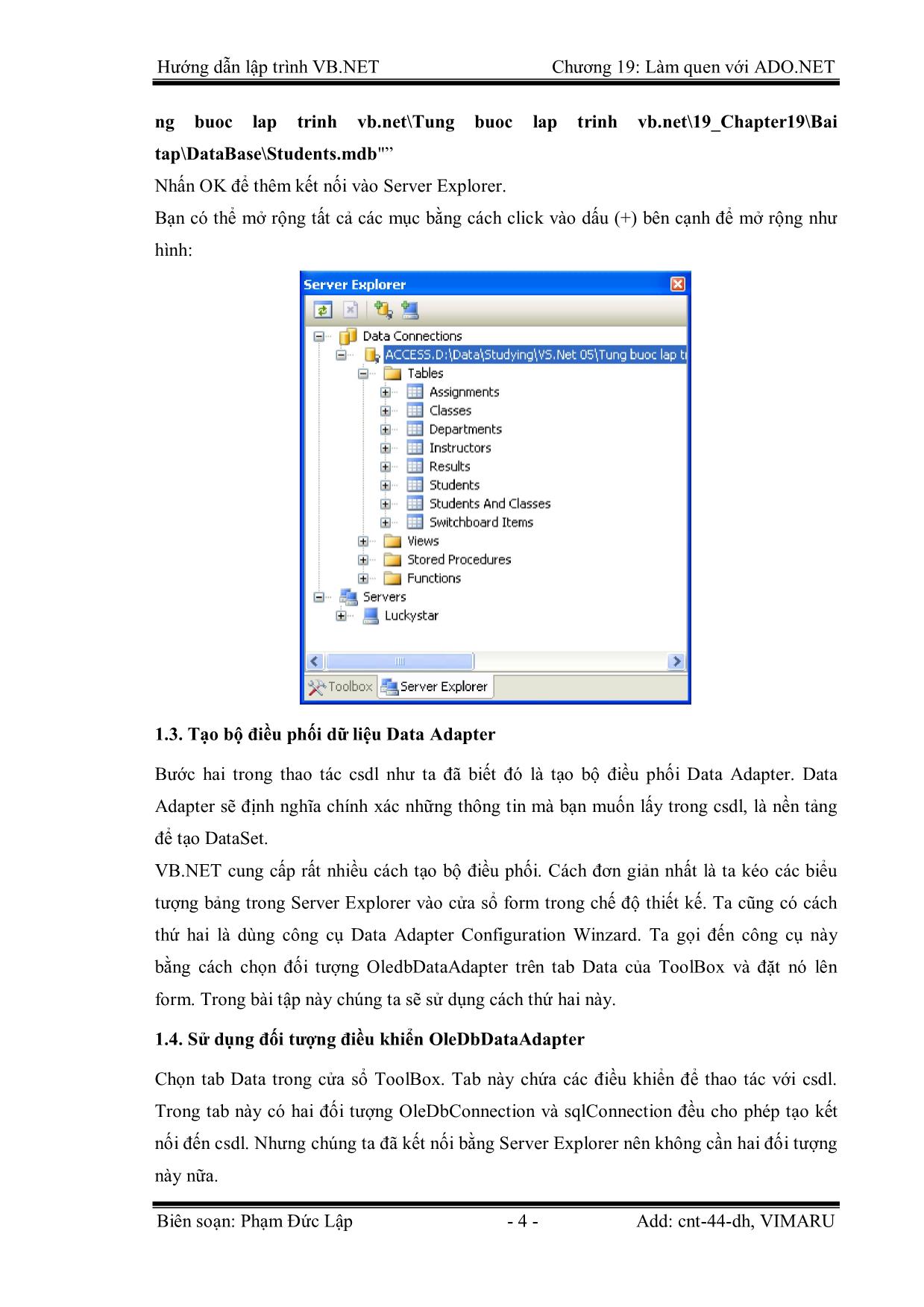 Giáo trình Hướng dẫn lập trình VB.NET - Chương 19: Làm quen với Ado.Net - Phạm Đức Lập trang 4