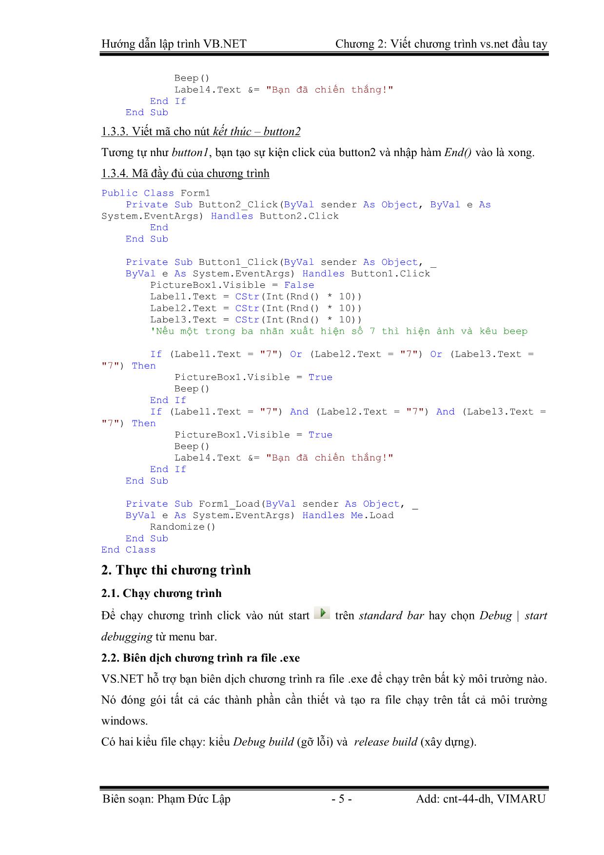 Giáo trình Hướng dẫn lập trình VB.NET - Chương 2: Viết một chương trình Visual Basic.NET đầu tay - Phạm Đức Lập trang 5