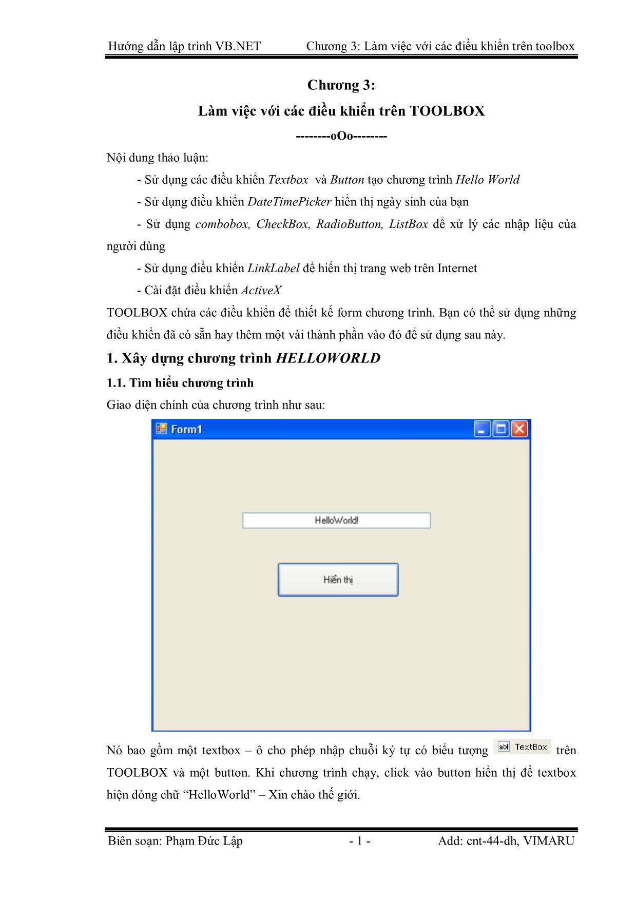 Giáo trình Hướng dẫn lập trình VB.NET - Chương 3: Làm việc với các điều khiển trên Toolbox - Phạm Đức Lập trang 1