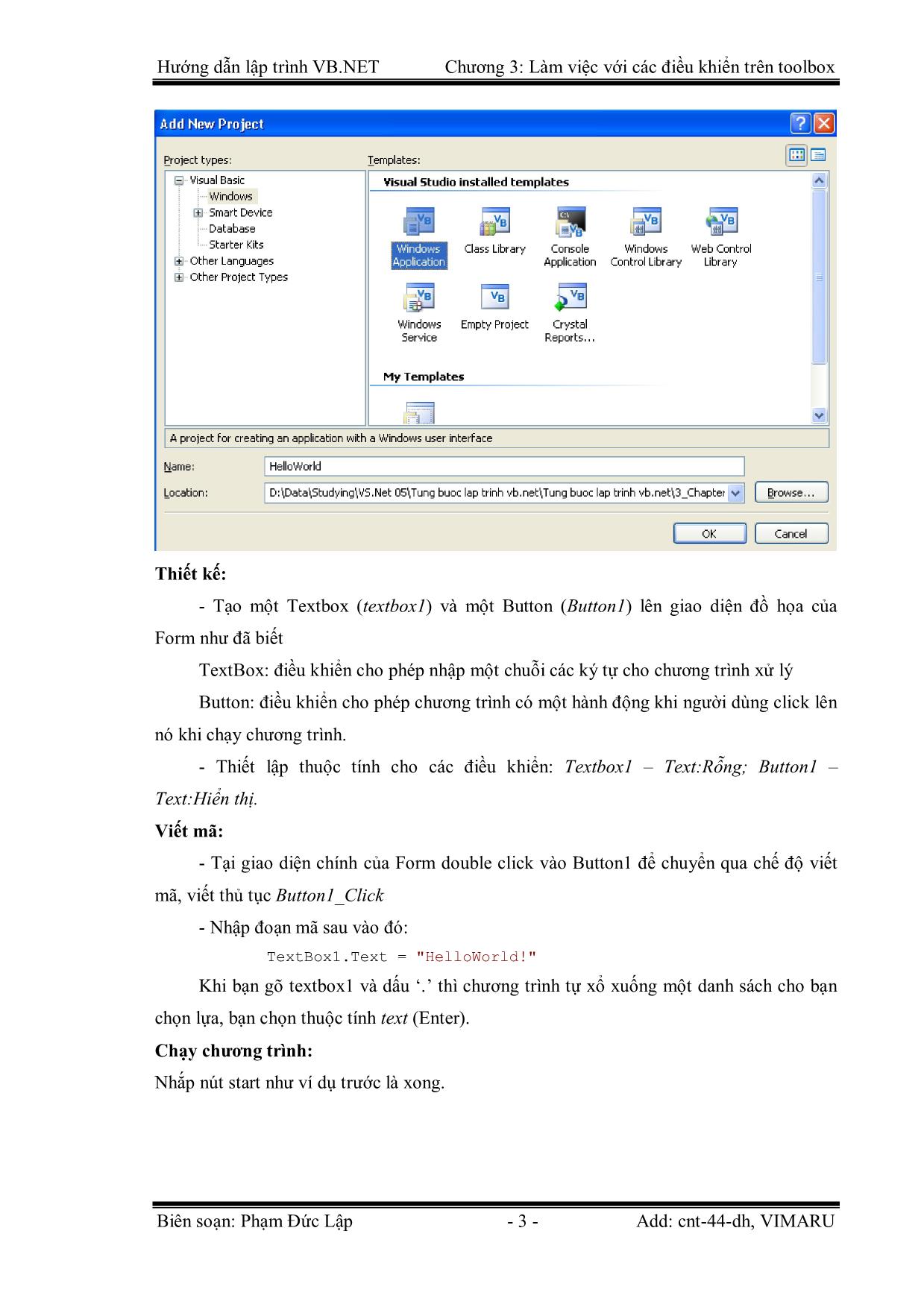 Giáo trình Hướng dẫn lập trình VB.NET - Chương 3: Làm việc với các điều khiển trên Toolbox - Phạm Đức Lập trang 3