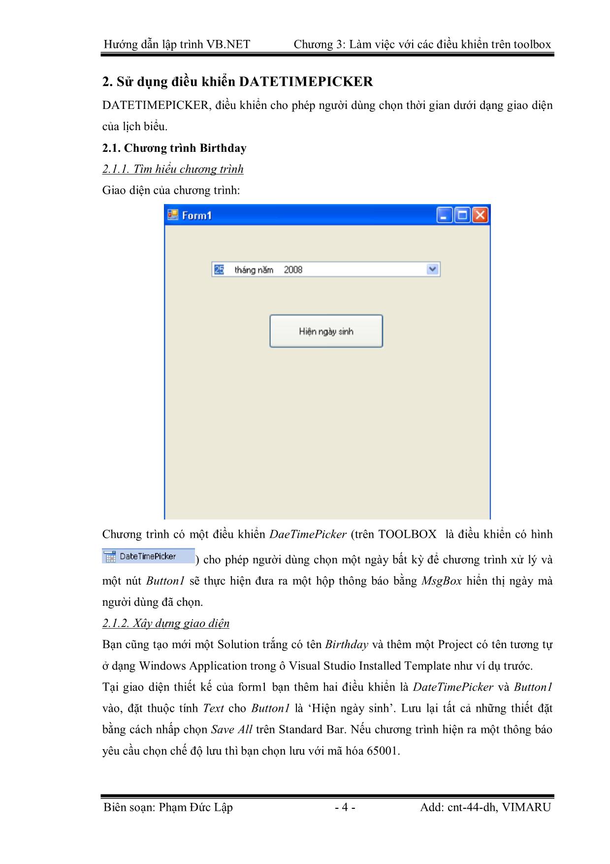 Giáo trình Hướng dẫn lập trình VB.NET - Chương 3: Làm việc với các điều khiển trên Toolbox - Phạm Đức Lập trang 4