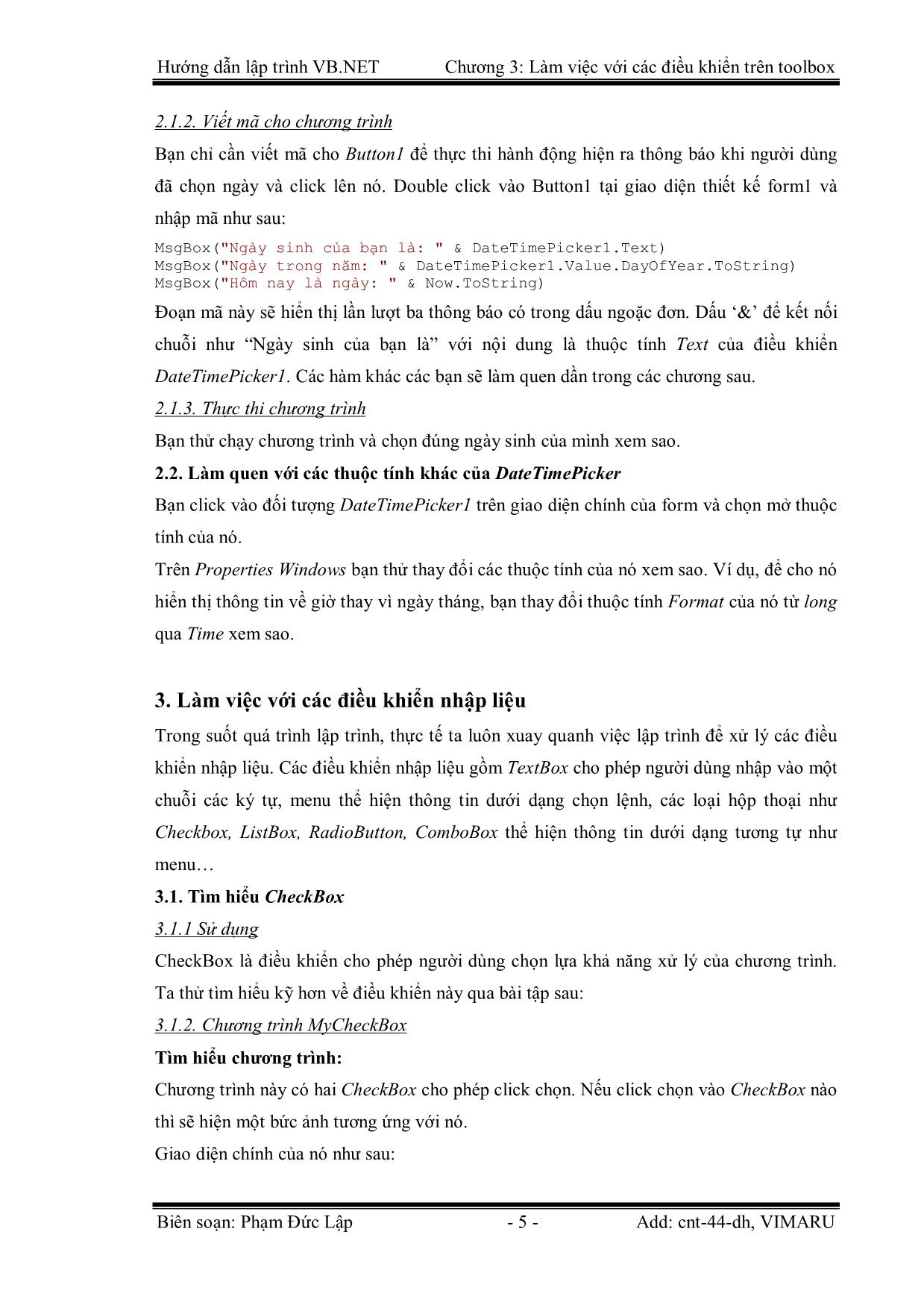 Giáo trình Hướng dẫn lập trình VB.NET - Chương 3: Làm việc với các điều khiển trên Toolbox - Phạm Đức Lập trang 5