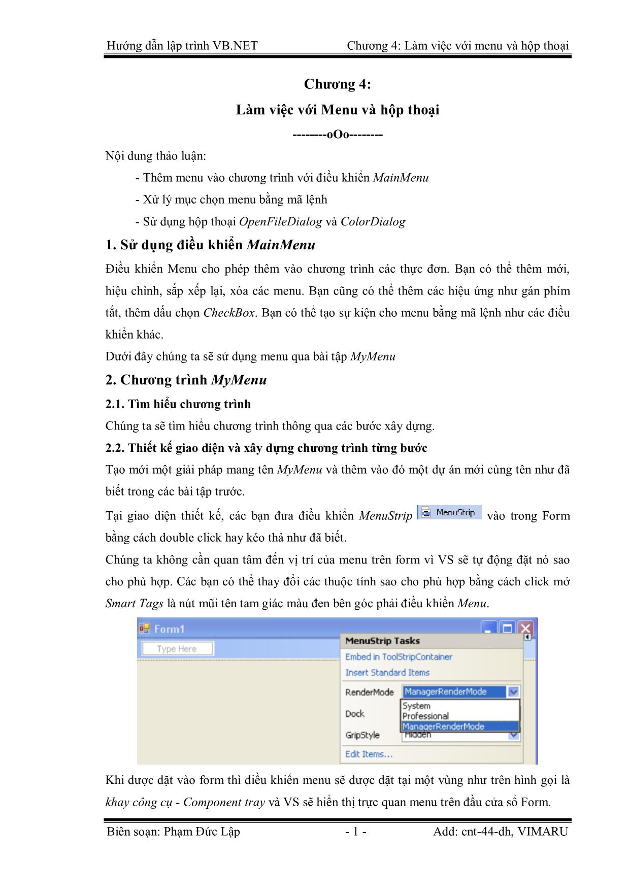 Giáo trình Hướng dẫn lập trình VB.NET - Chương 4: Làm việc với Menu và hộp thoại - Phạm Đức Lập trang 1