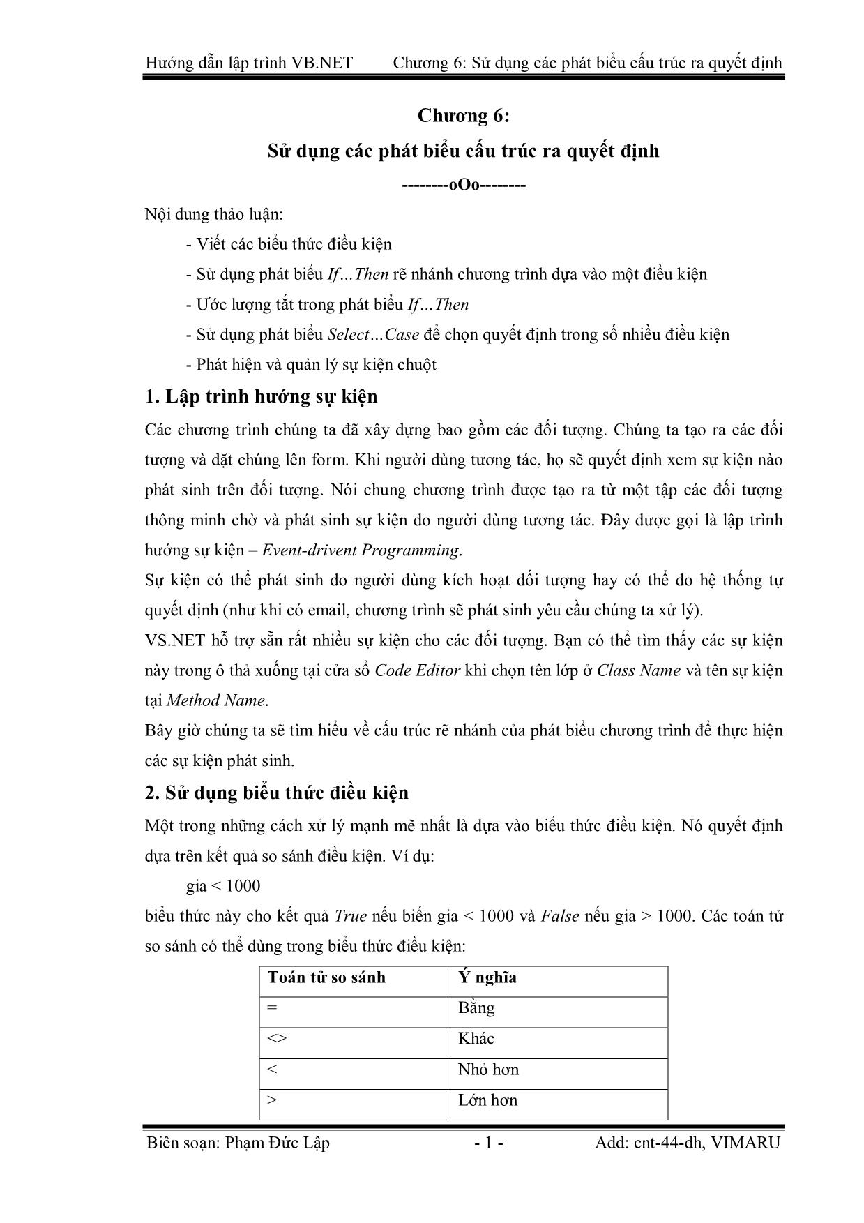 Giáo trình Hướng dẫn lập trình VB.NET - Chương 6: Sử dụng các phát biểu cấu trúc ra quyết định - Phạm Đức Lập trang 1