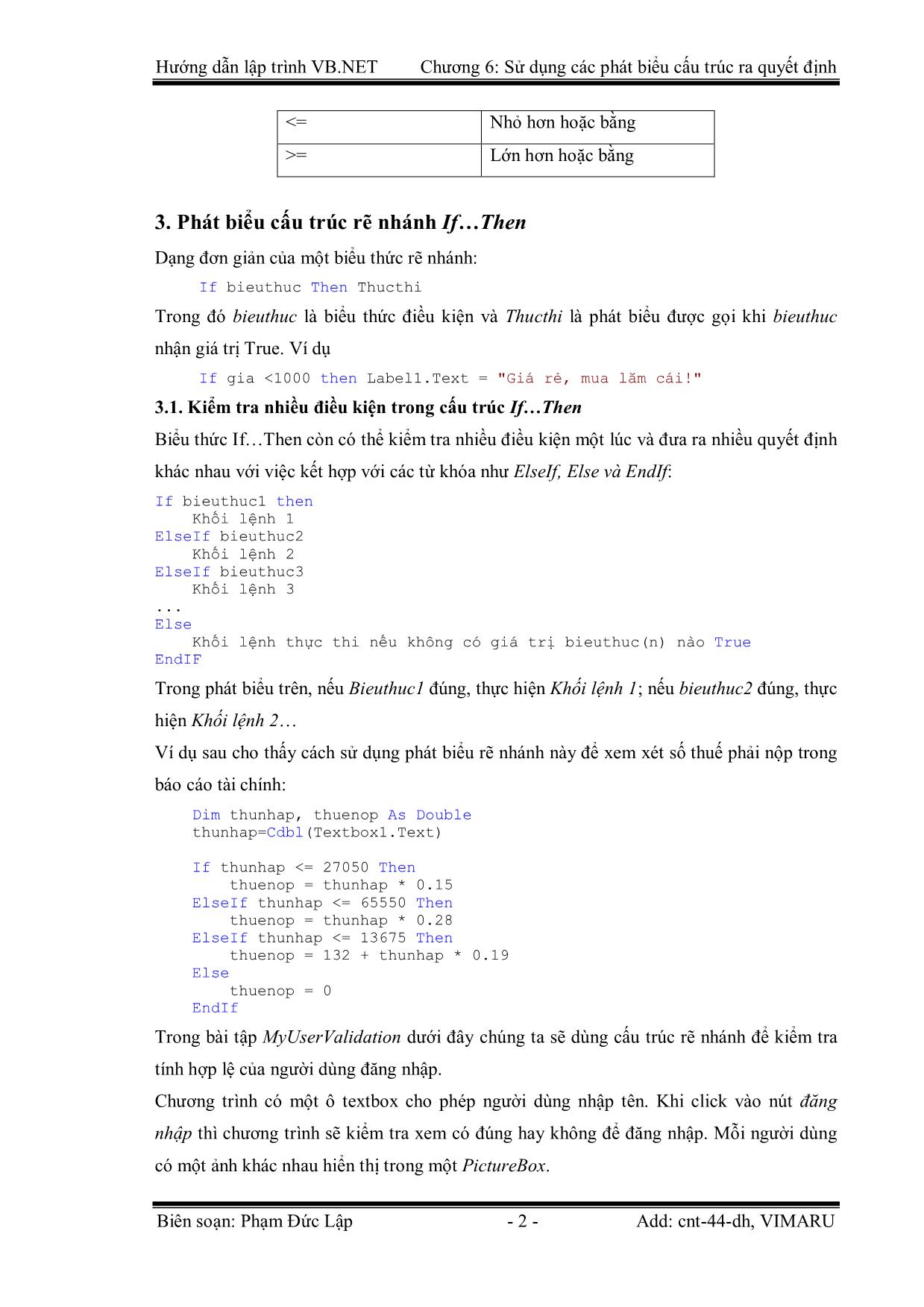 Giáo trình Hướng dẫn lập trình VB.NET - Chương 6: Sử dụng các phát biểu cấu trúc ra quyết định - Phạm Đức Lập trang 2