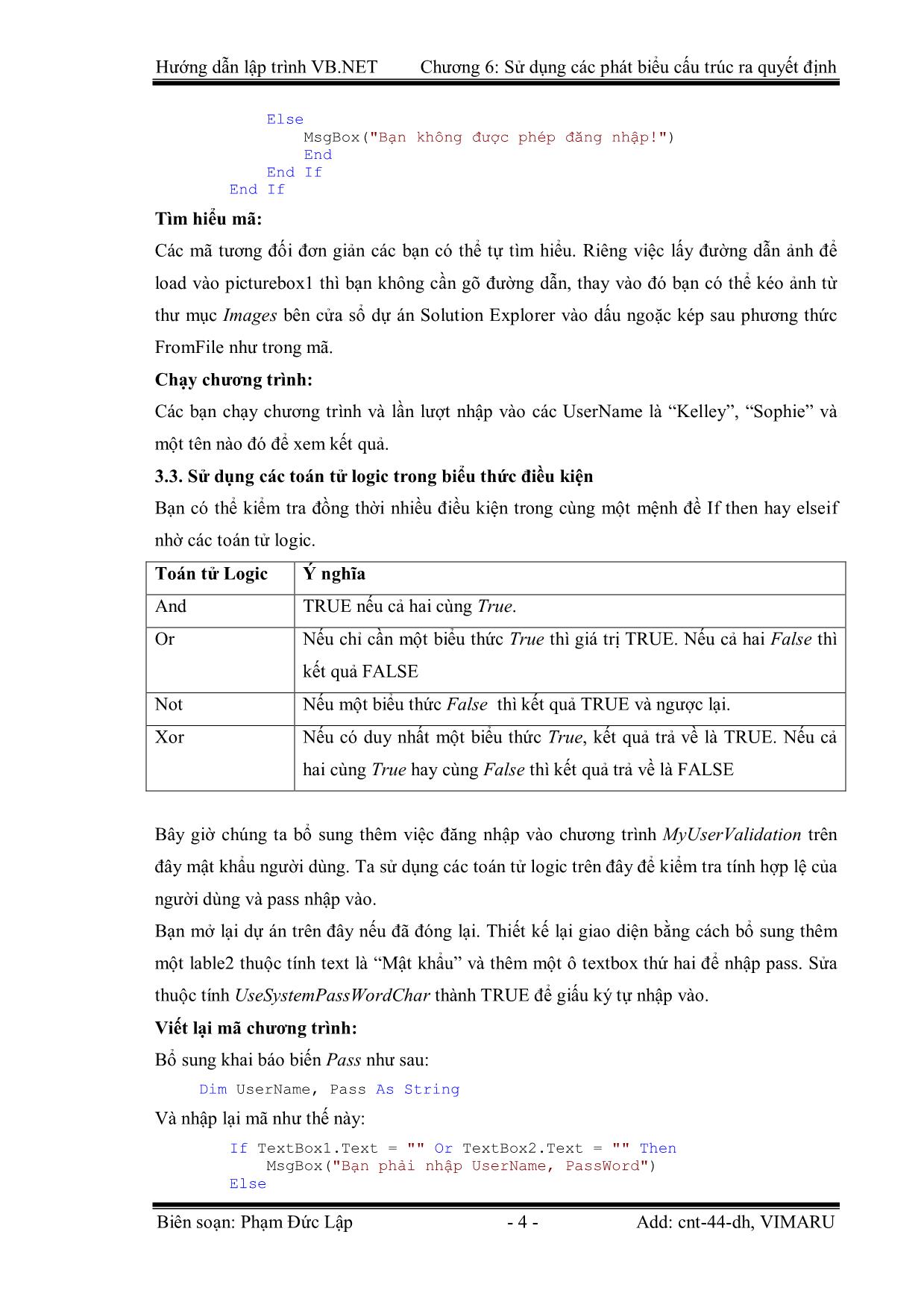 Giáo trình Hướng dẫn lập trình VB.NET - Chương 6: Sử dụng các phát biểu cấu trúc ra quyết định - Phạm Đức Lập trang 4