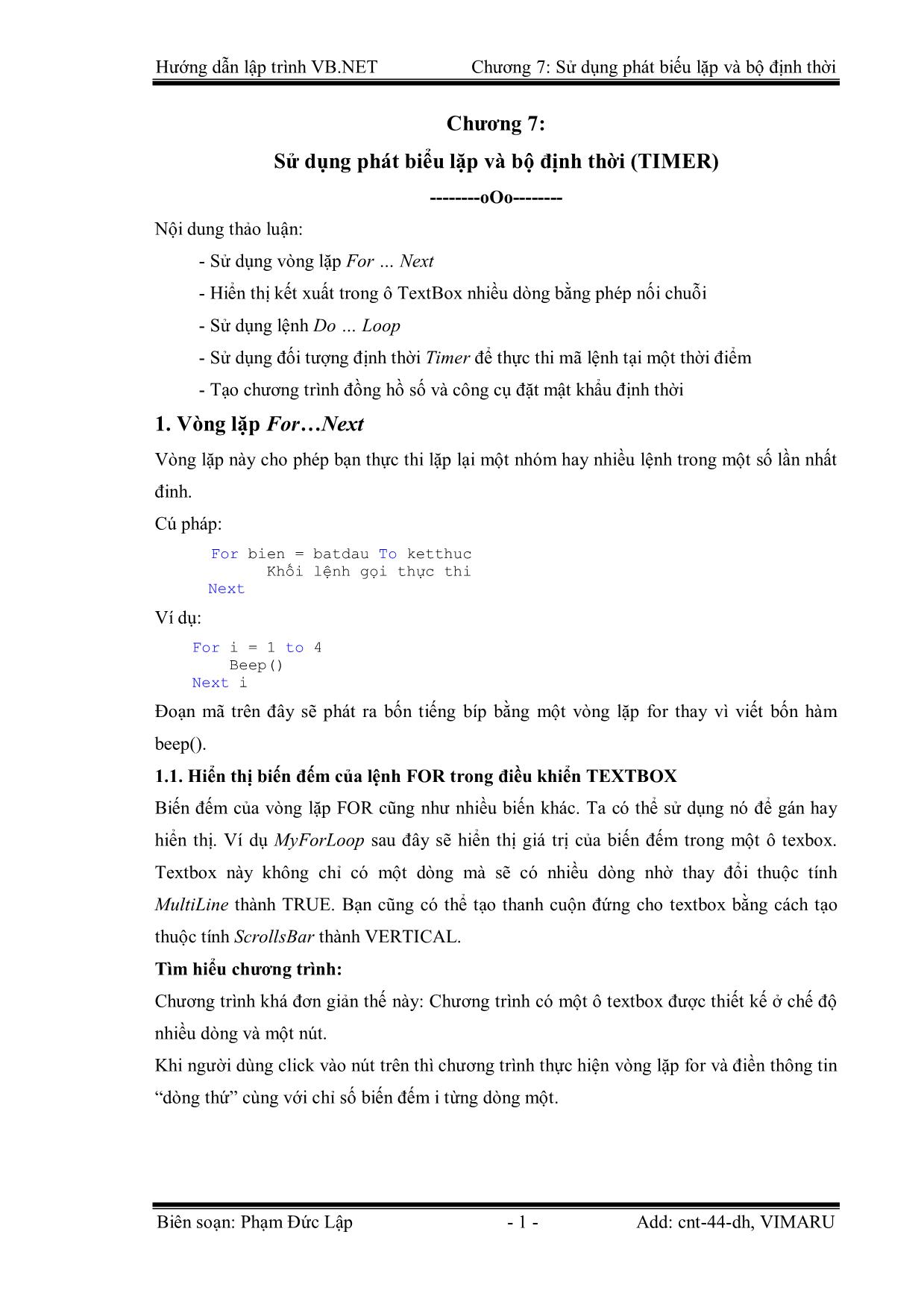 Giáo trình Hướng dẫn lập trình VB.NET - Chương 7: Sử dụng phát biểu lặp và bộ định thời - Phạm Đức Lập trang 1