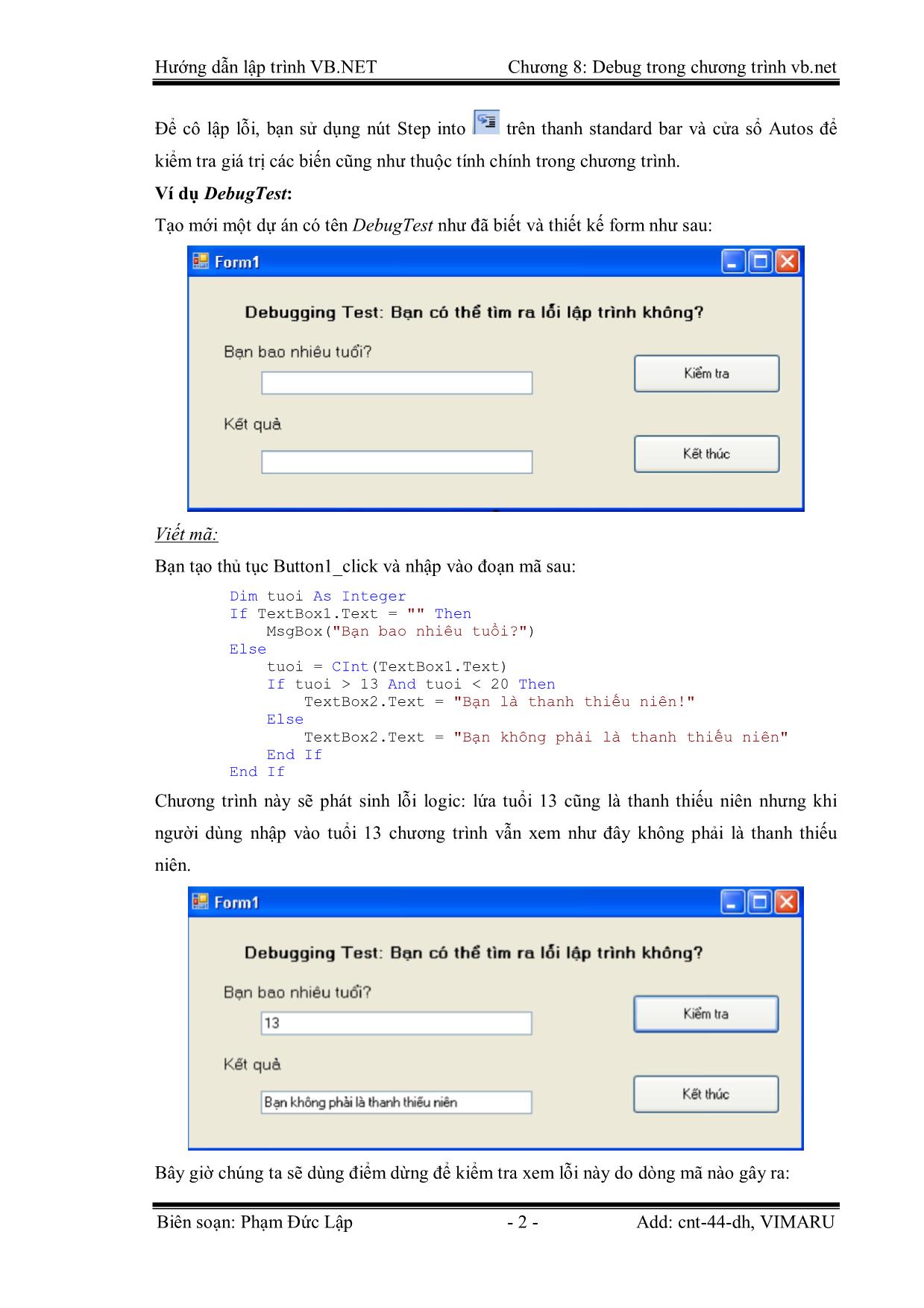 Giáo trình Hướng dẫn lập trình VB.NET - Chương 8: Gỡ lỗi (Debug) trong chương trình Visual Basic.Net - Phạm Đức Lập trang 2