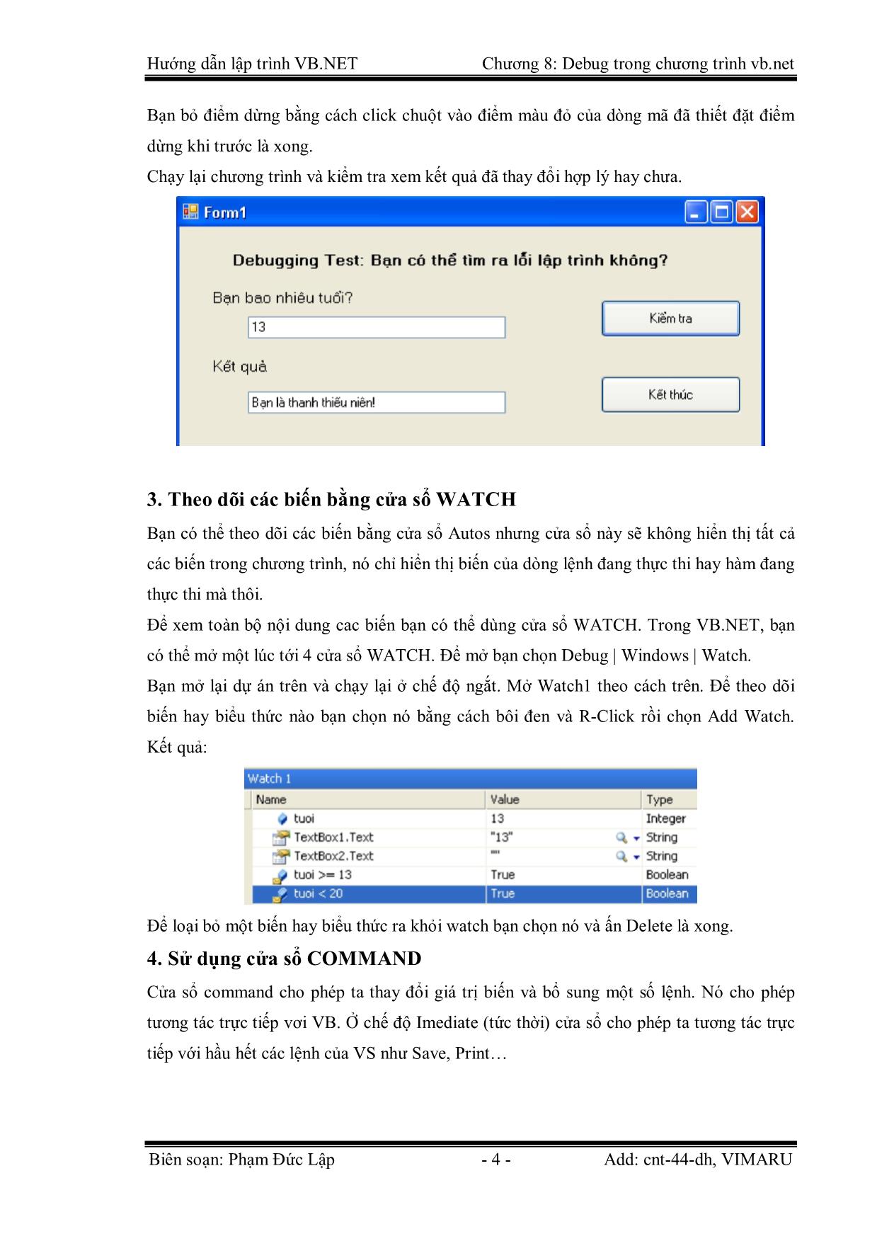 Giáo trình Hướng dẫn lập trình VB.NET - Chương 8: Gỡ lỗi (Debug) trong chương trình Visual Basic.Net - Phạm Đức Lập trang 4
