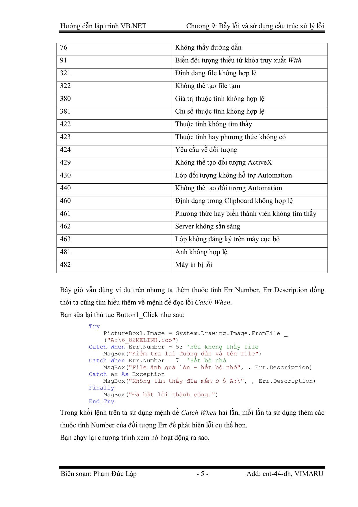 Giáo trình Hướng dẫn lập trình VB.NET - Chương 9: Bẫy lỗi và sử dụng cấu trúc xử lý lỗi - Phạm Đức Lập trang 5
