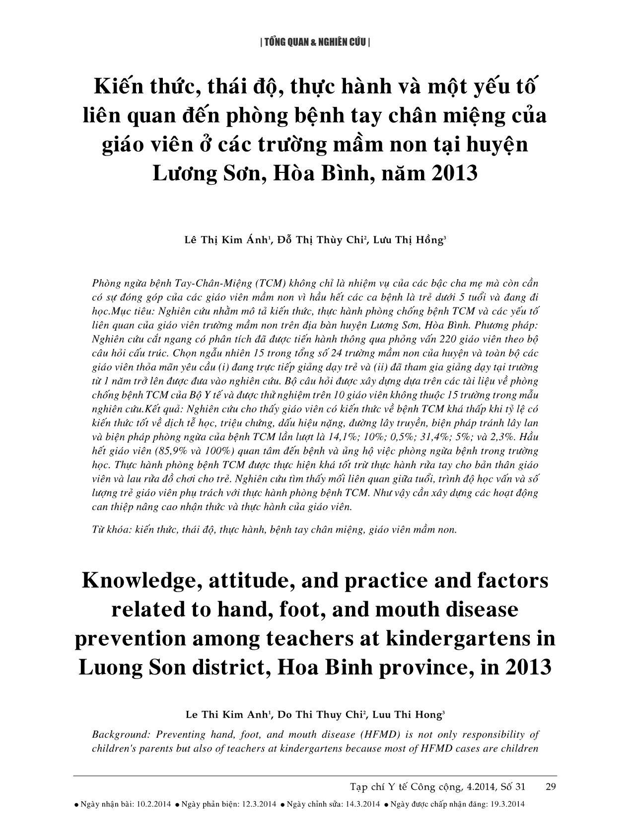 Kiến thức, thái độ, thực hành và một yếu tố liên quan đến phòng bệnh tay chân miệng của giáo viên ở các trường mầm non tại huyện Lương Sơn, Hòa Bình, năm 2013 trang 1