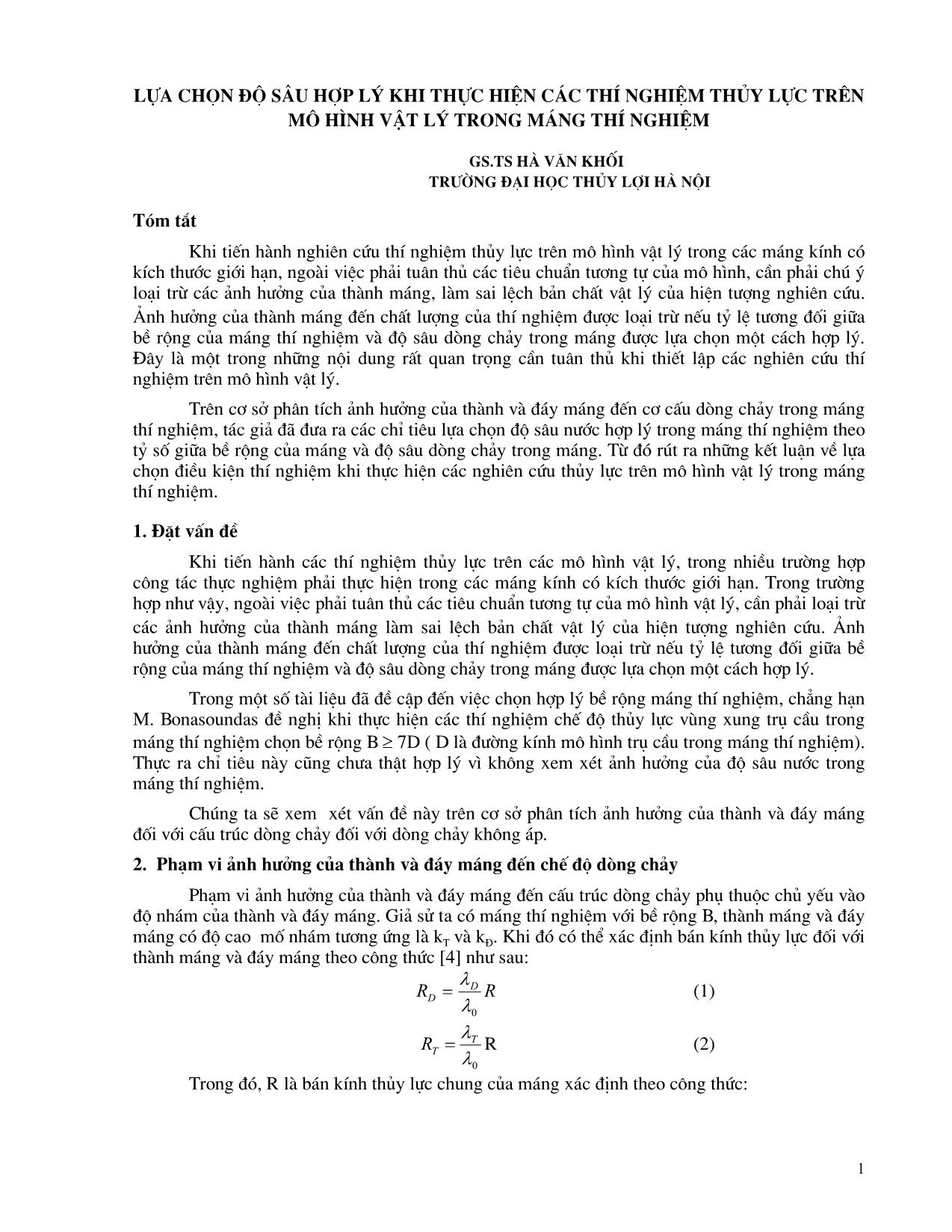 Lựa chọn độ sâu hợp lý khi thực hiện các thí nghiệm thủy lực trên mô hình vật lý trong máng thí nghiệm trang 1