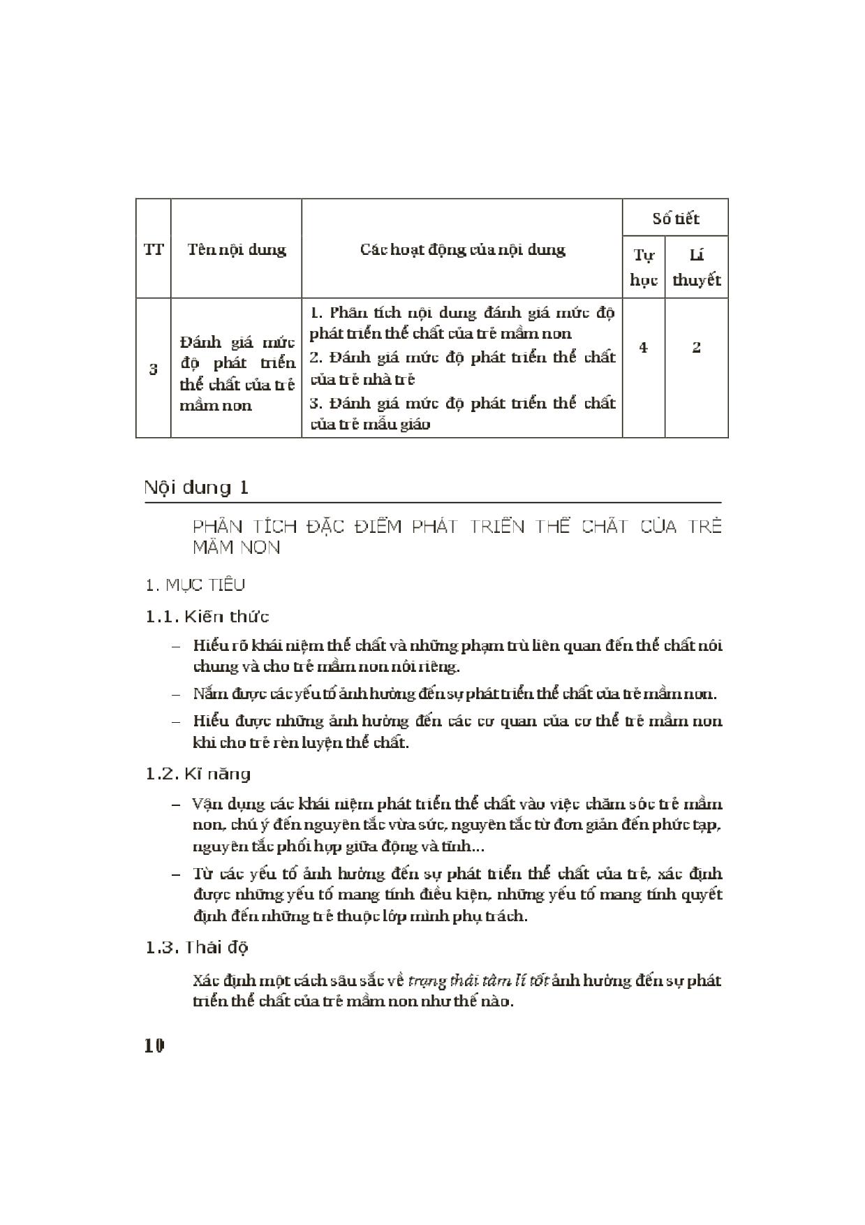 Module Mầm non 1: Đặc điểm phát triển thể chất. Những mục tiêu và kết quả mong đợi ở trẻ mầm non về thể chất trang 4