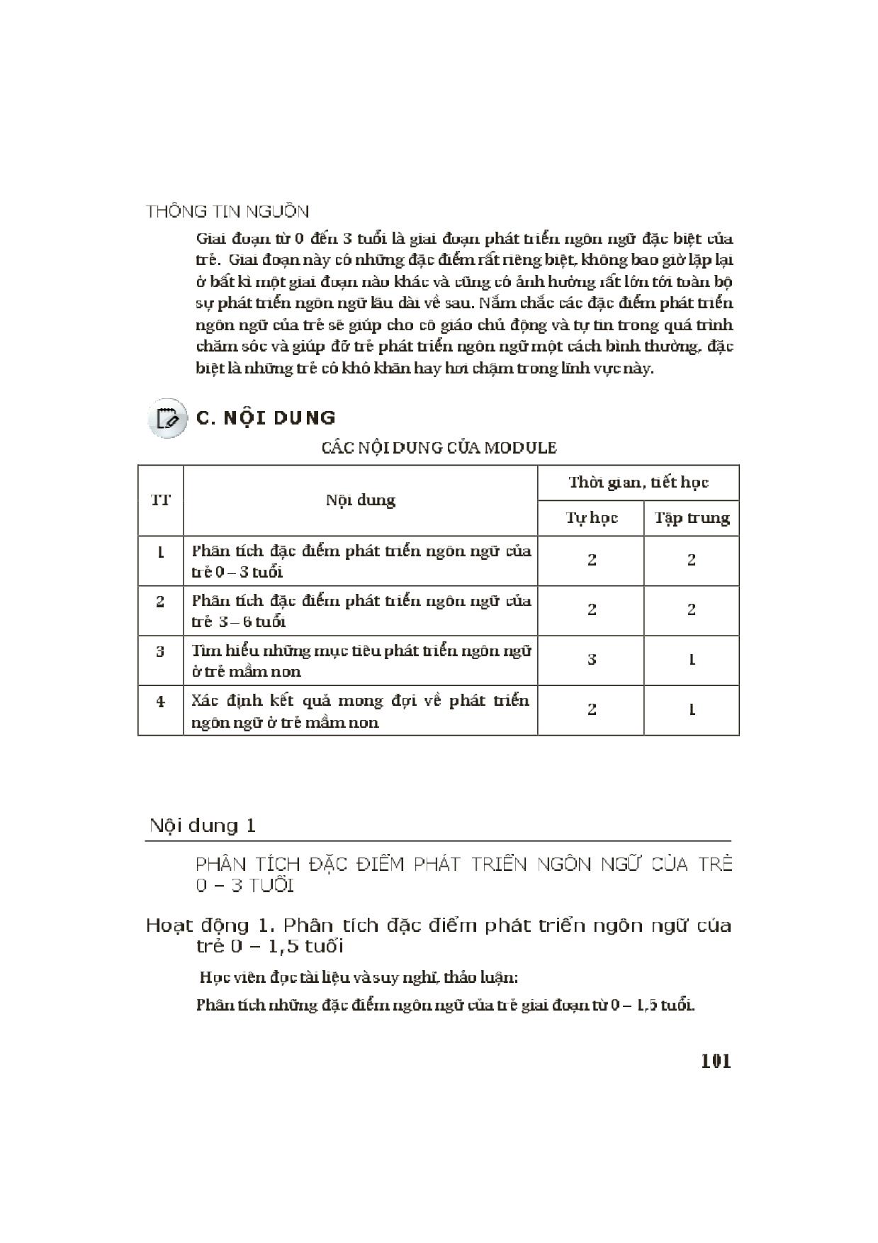 Module Mầm non 3: Đặc điểm phát triển ngôn ngữ, những mục tiêu và kết quả mong đợi ở trẻ mầm non về ngôn ngữ trang 3